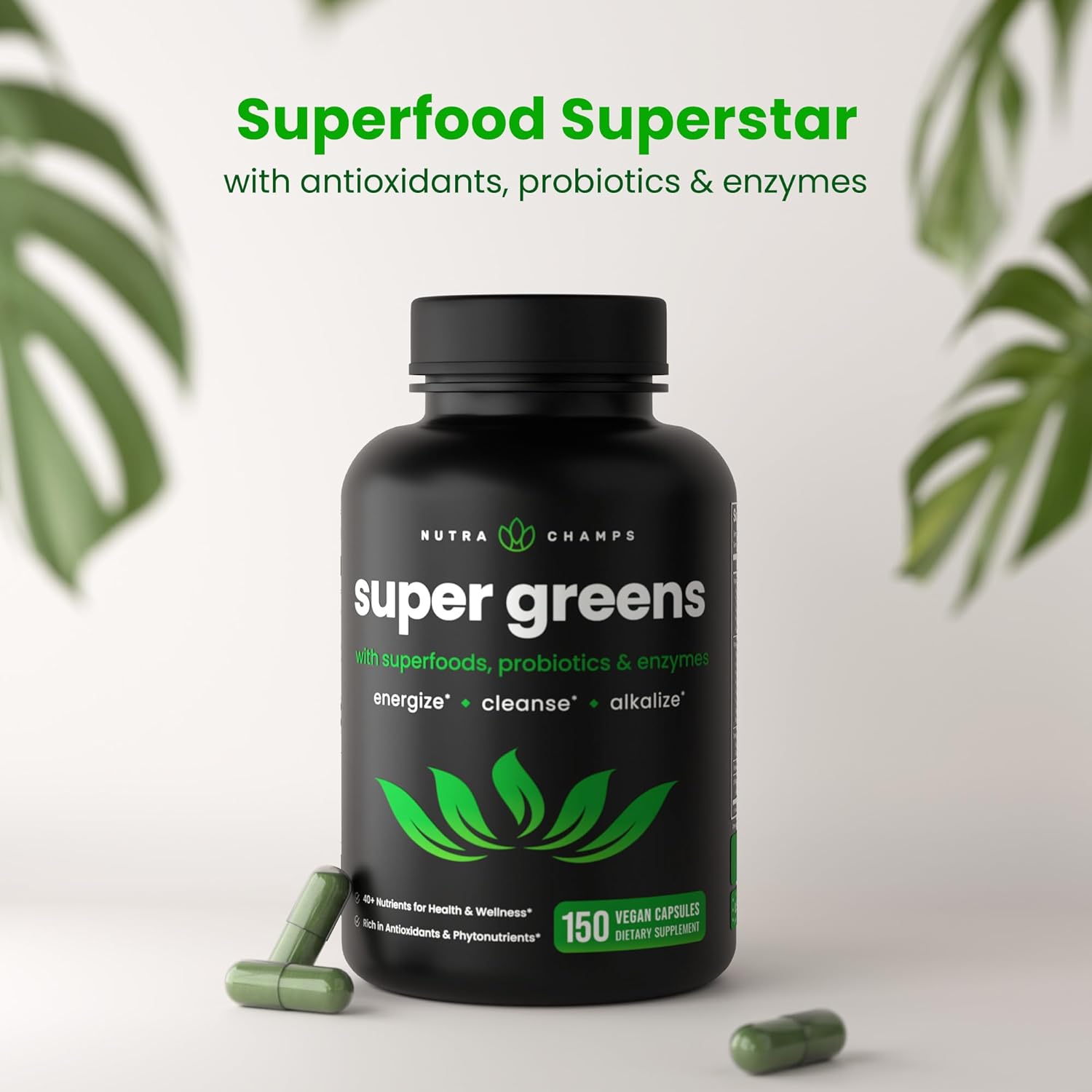 NutraChamps Super Greens Powder and Capsules for an Unflavored Boost of Nutrients