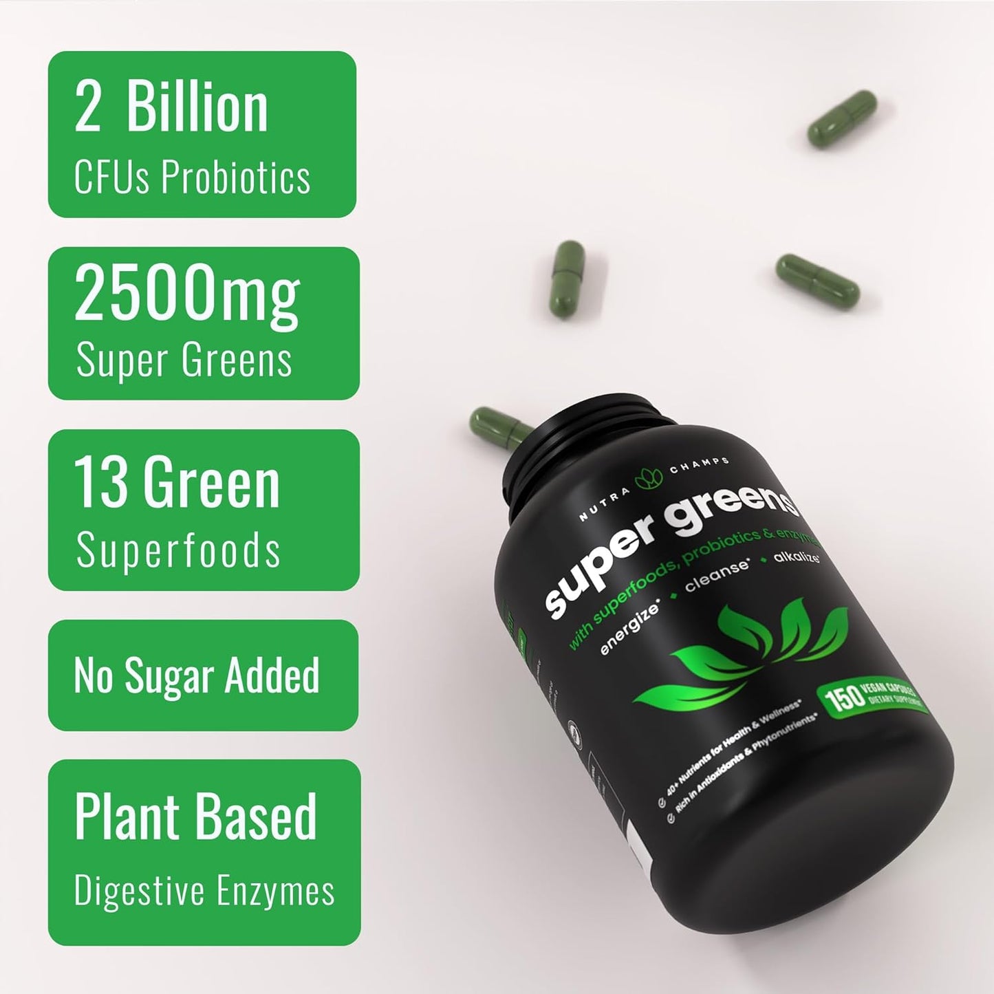 NutraChamps Super Greens Powder and Capsules for an Unflavored Boost of Nutrients