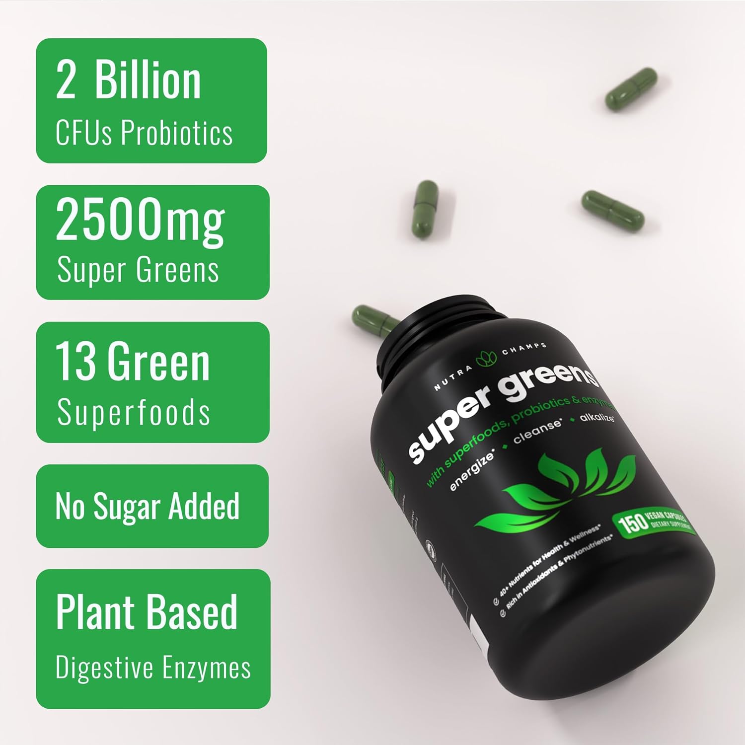 NutraChamps Super Greens Powder and Capsules for an Unflavored Boost of Nutrients