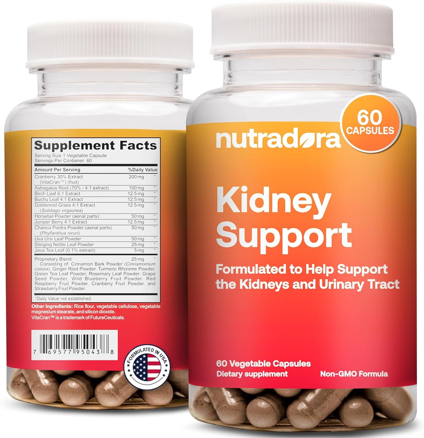 Nutradora Kidney Support Supplements - Natural Cleanse Detox Formula with Cranberry Extract, Supports Kidney & Urinary Tract, 2 Month Supply