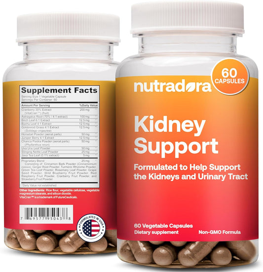 Nutradora Kidney Support Supplements - Natural Cleanse Detox Formula with Cranberry Extract, Supports Kidney & Urinary Tract, 2 Month Supply