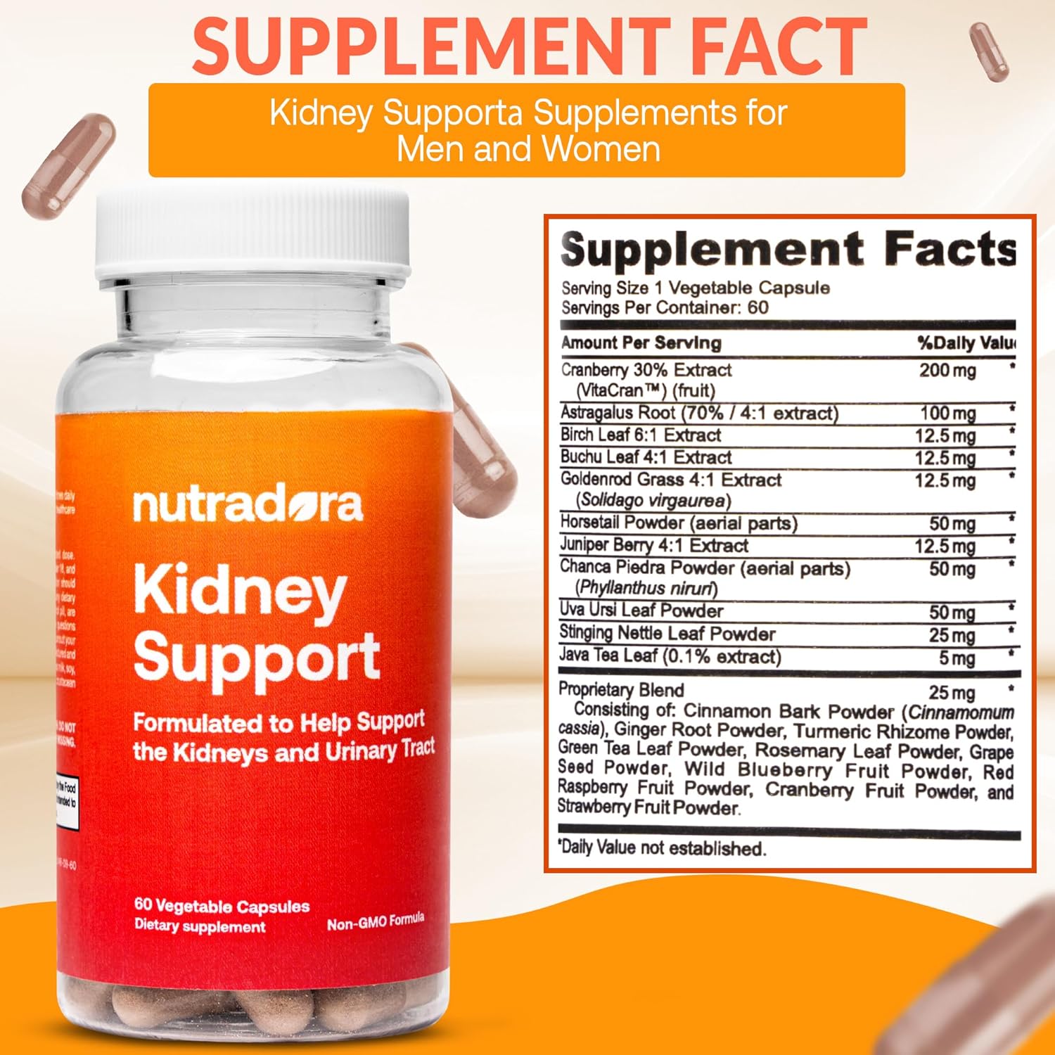 Nutradora Kidney Support Supplements - Natural Cleanse Detox Formula with Cranberry Extract, Supports Kidney & Urinary Tract, 2 Month Supply