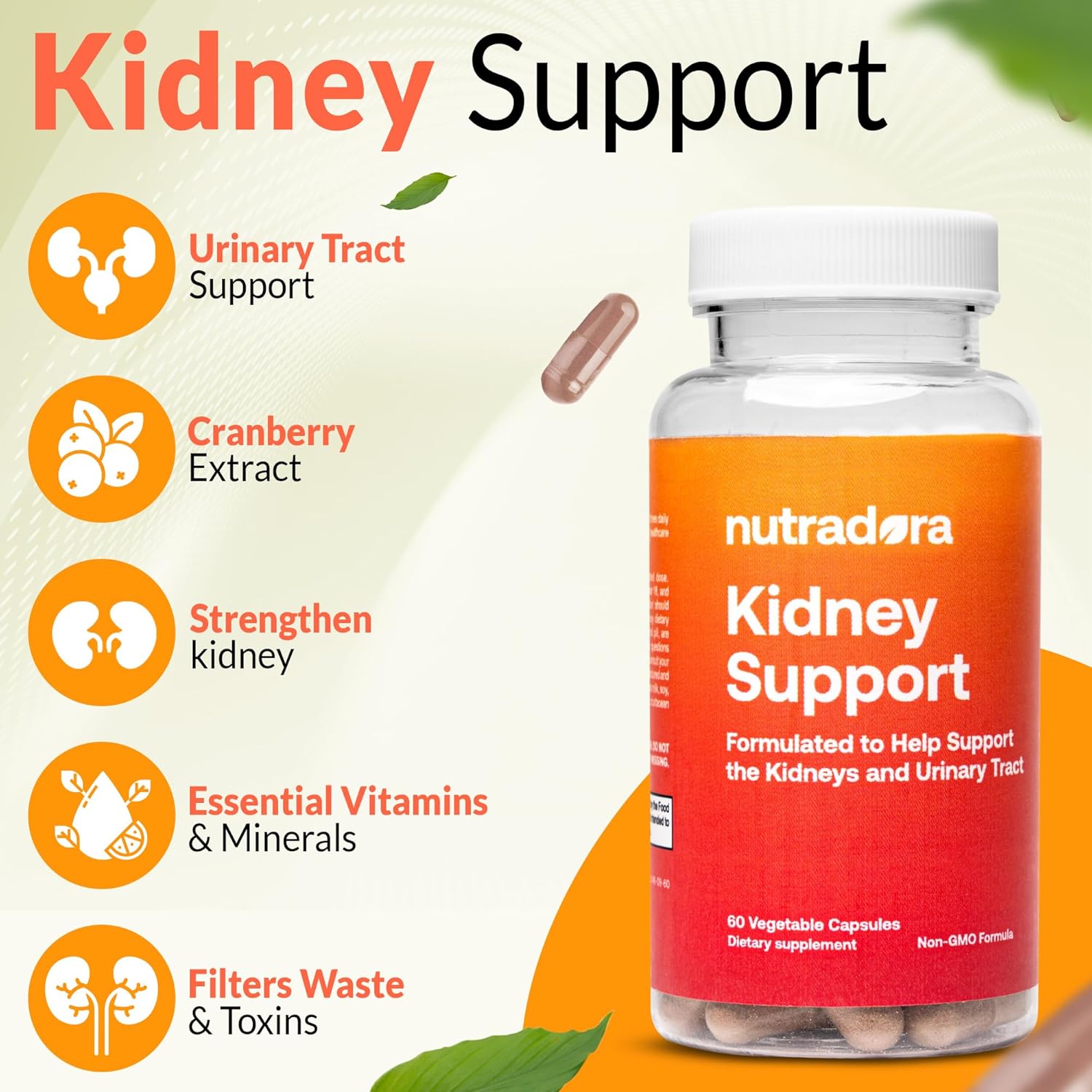Nutradora Kidney Support Supplements - Natural Cleanse Detox Formula with Cranberry Extract, Supports Kidney & Urinary Tract, 2 Month Supply