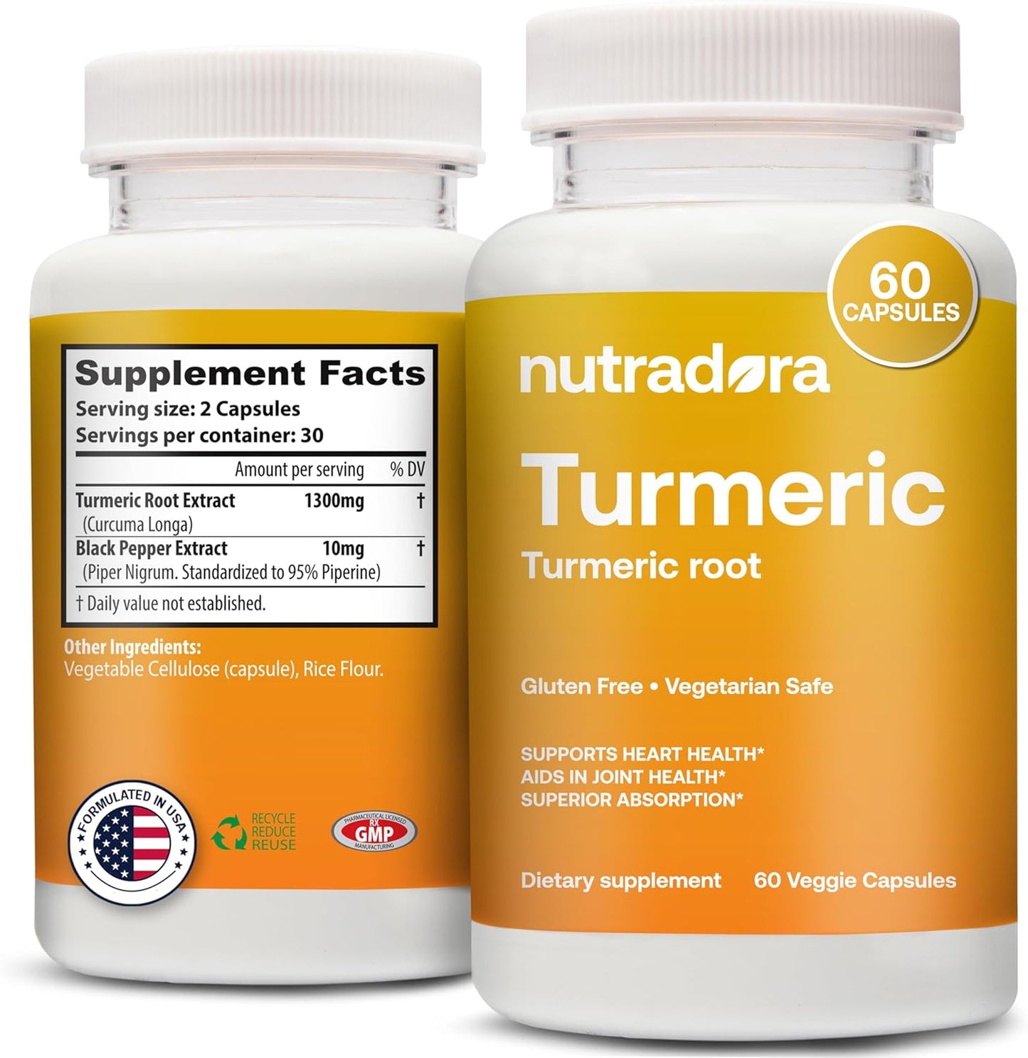 Nutradora Turmeric Curcumin 1300mg with BioPerine & Black Pepper Extract - Joint Support, Gluten Free, Non-GMO - 1 Month Supply