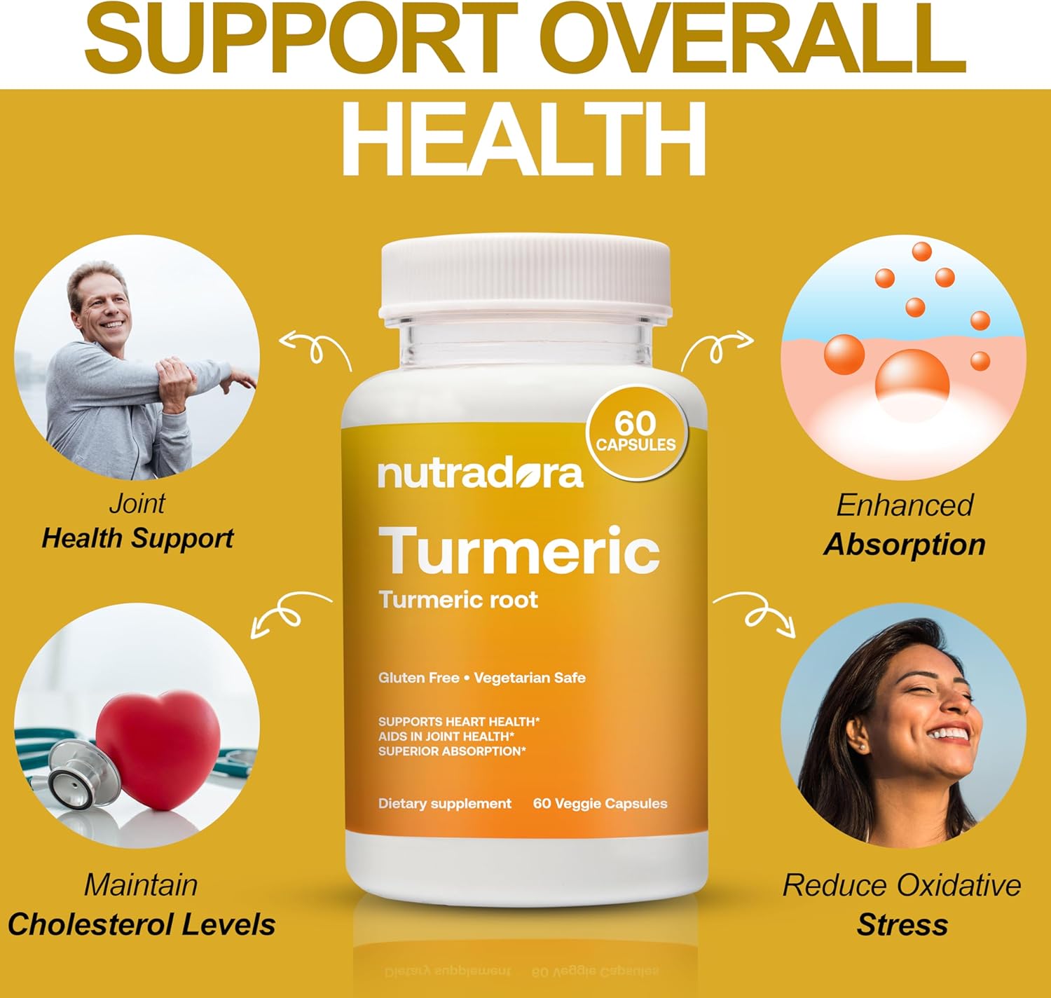 Nutradora Turmeric Curcumin 1300mg with BioPerine & Black Pepper Extract - Joint Support, Gluten Free, Non-GMO - 1 Month Supply