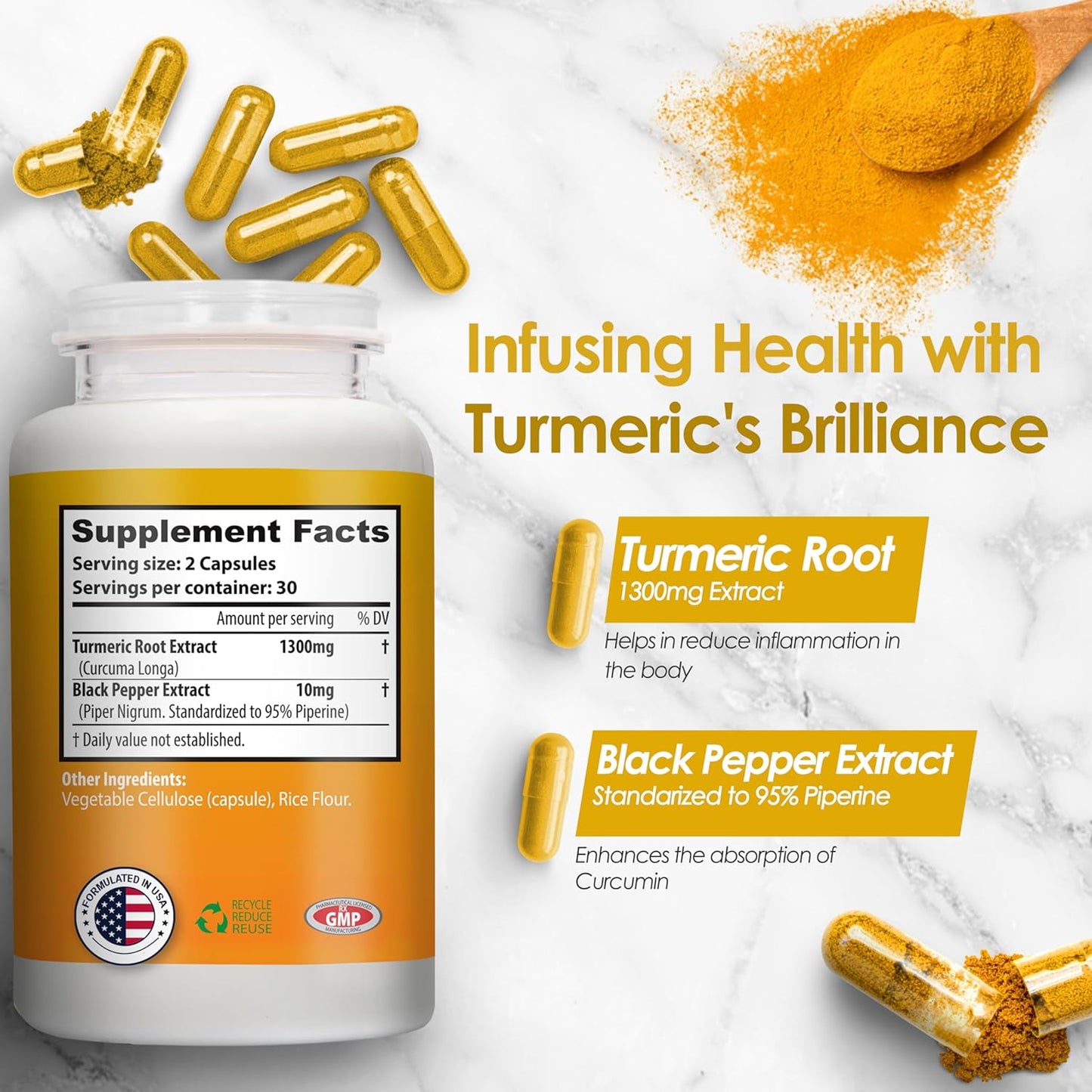 Nutradora Turmeric Curcumin 1300mg with BioPerine & Black Pepper Extract - Joint Support, Gluten Free, Non-GMO - 1 Month Supply