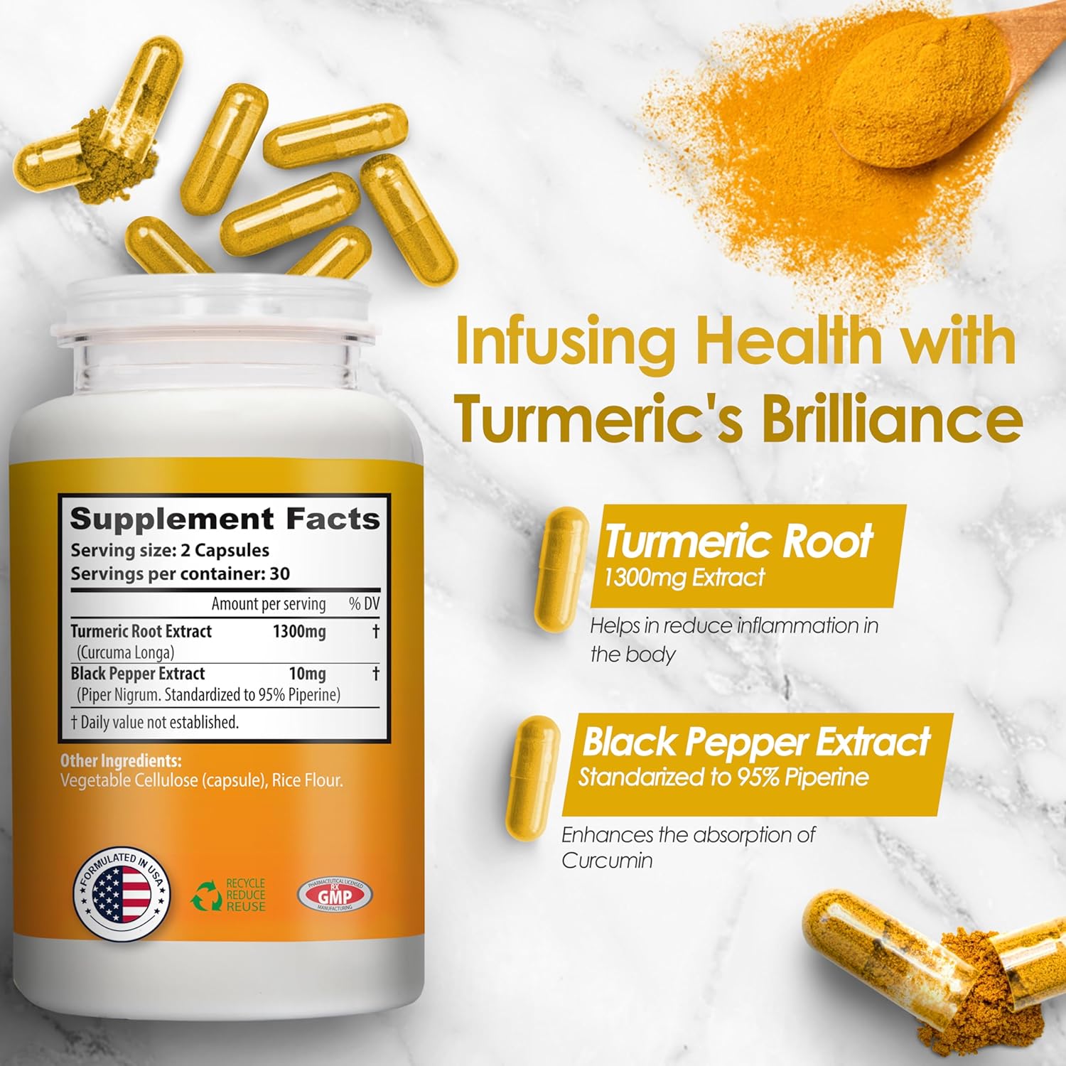 Nutradora Turmeric Curcumin 1300mg with BioPerine & Black Pepper Extract - Joint Support, Gluten Free, Non-GMO - 1 Month Supply