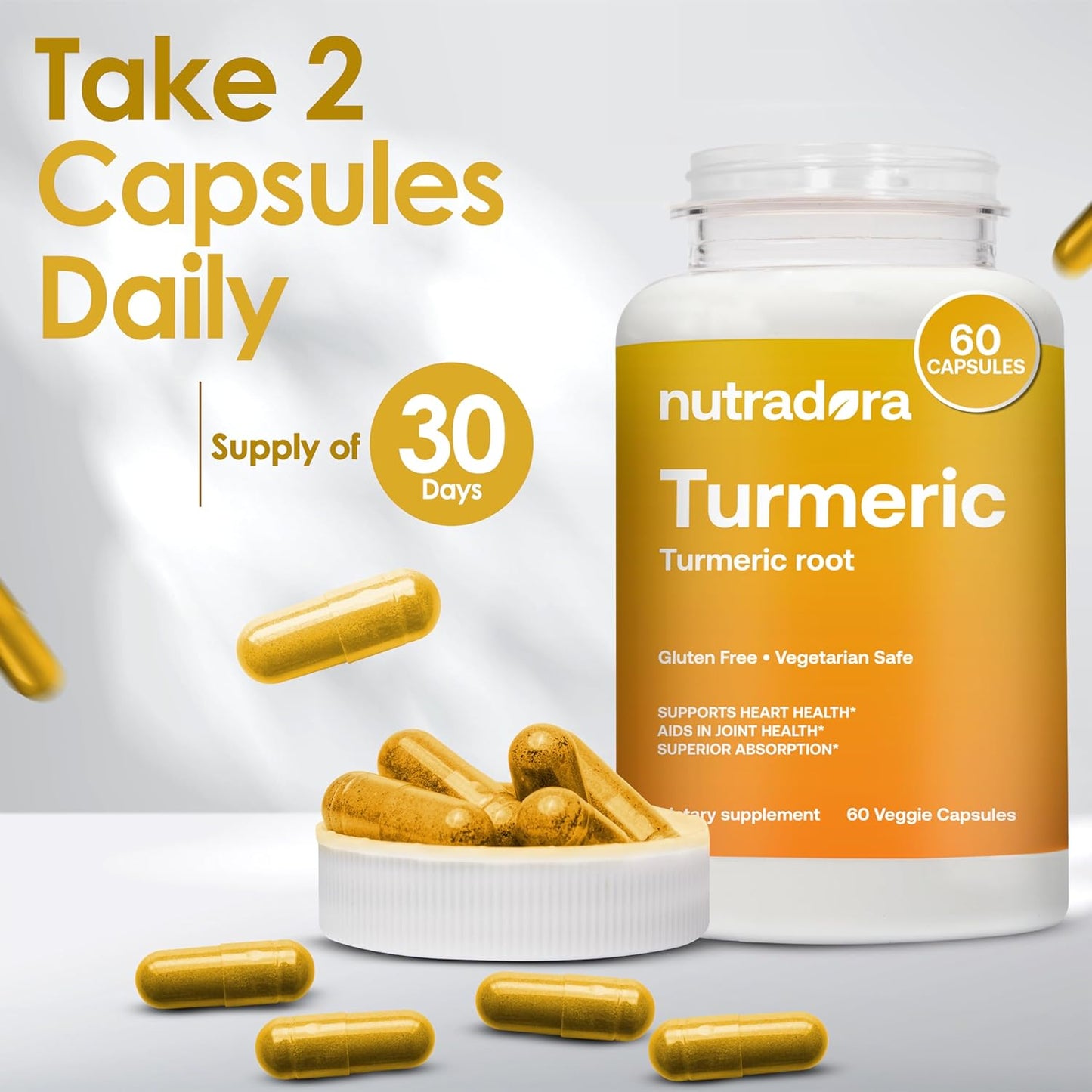 Nutradora Turmeric Curcumin 1300mg with BioPerine & Black Pepper Extract - Joint Support, Gluten Free, Non-GMO - 1 Month Supply