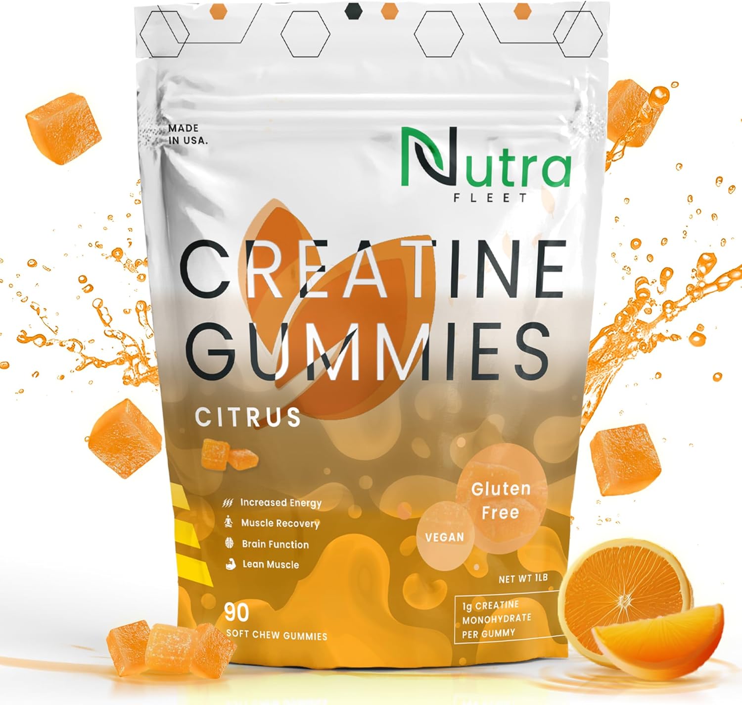 Nutrafleet Creatine Monohydrate Gummies - 5g Chewable Muscle Builder for Men & Women - Boost Energy & Focus - 90 Count Citrus Flavor - Low Calorie, Vegan & Gluten Free