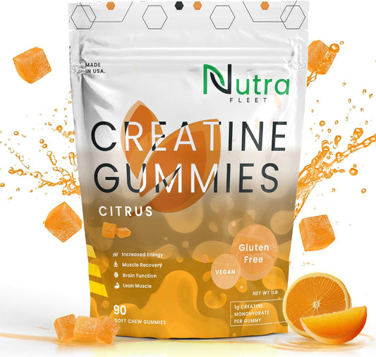 Nutrafleet Creatine Monohydrate Gummies - 5g Chewable Muscle Builder for Men & Women - Boost Energy & Focus - 90 Count Citrus Flavor - Low Calorie, Vegan & Gluten Free