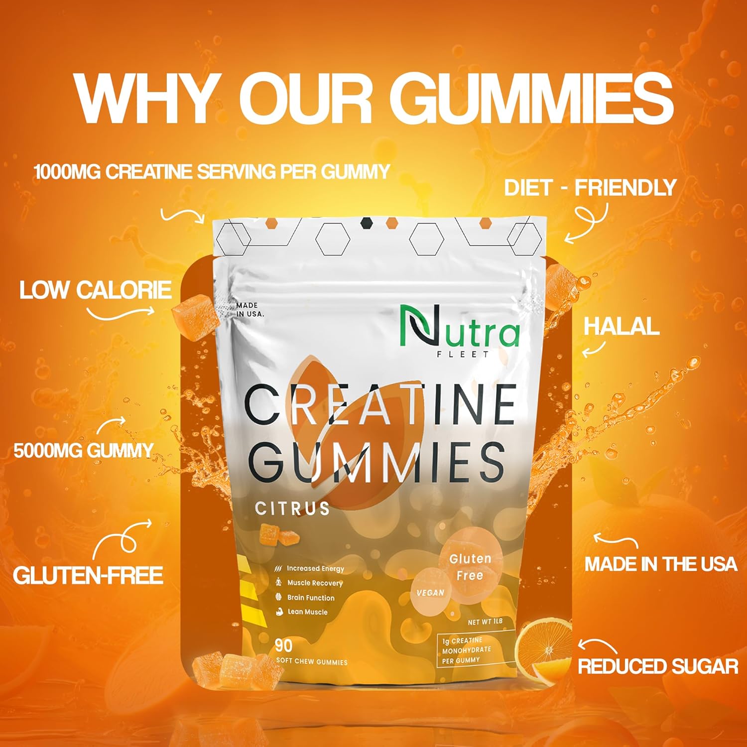 Nutrafleet Creatine Monohydrate Gummies - 5g Chewable Muscle Builder for Men & Women - Boost Energy & Focus - 90 Count Citrus Flavor - Low Calorie, Vegan & Gluten Free