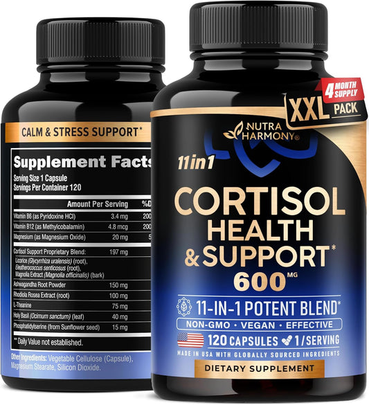 Nutraharmoney Natural Cortisol Supplement for Women - Hormone Balance with Ashwagandha, Rhodiola, Holy Basil, L-Theanine - Mood, Focus & Sleep Support - Vegan, Non-GMO - 120 Capsules