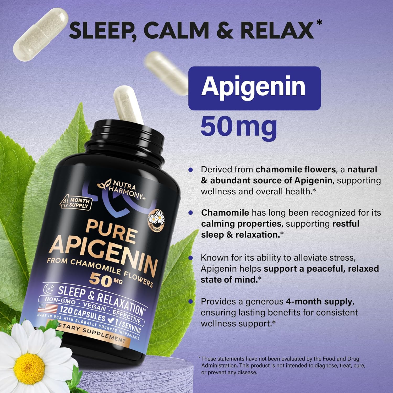 NUTRAHARMONY Apigenin 50 mg Capsules - Natural Sleep Supplement from Chamomile - Promotes Quality Rest, Calm & Relaxation - Vegan, NON-GMO, Lab Tested - Made in USA - 120 Count