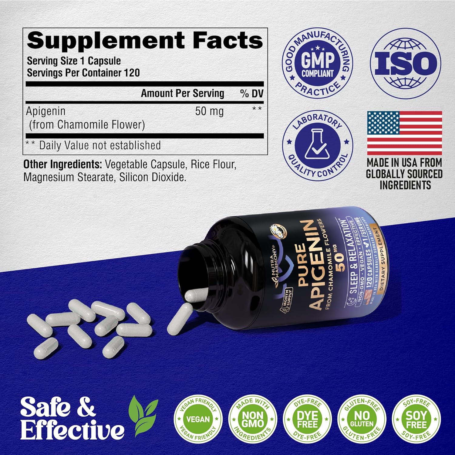 NUTRAHARMONY Apigenin 50 mg Capsules - Natural Sleep Supplement from Chamomile - Promotes Quality Rest, Calm & Relaxation - Vegan, NON-GMO, Lab Tested - Made in USA - 120 Count