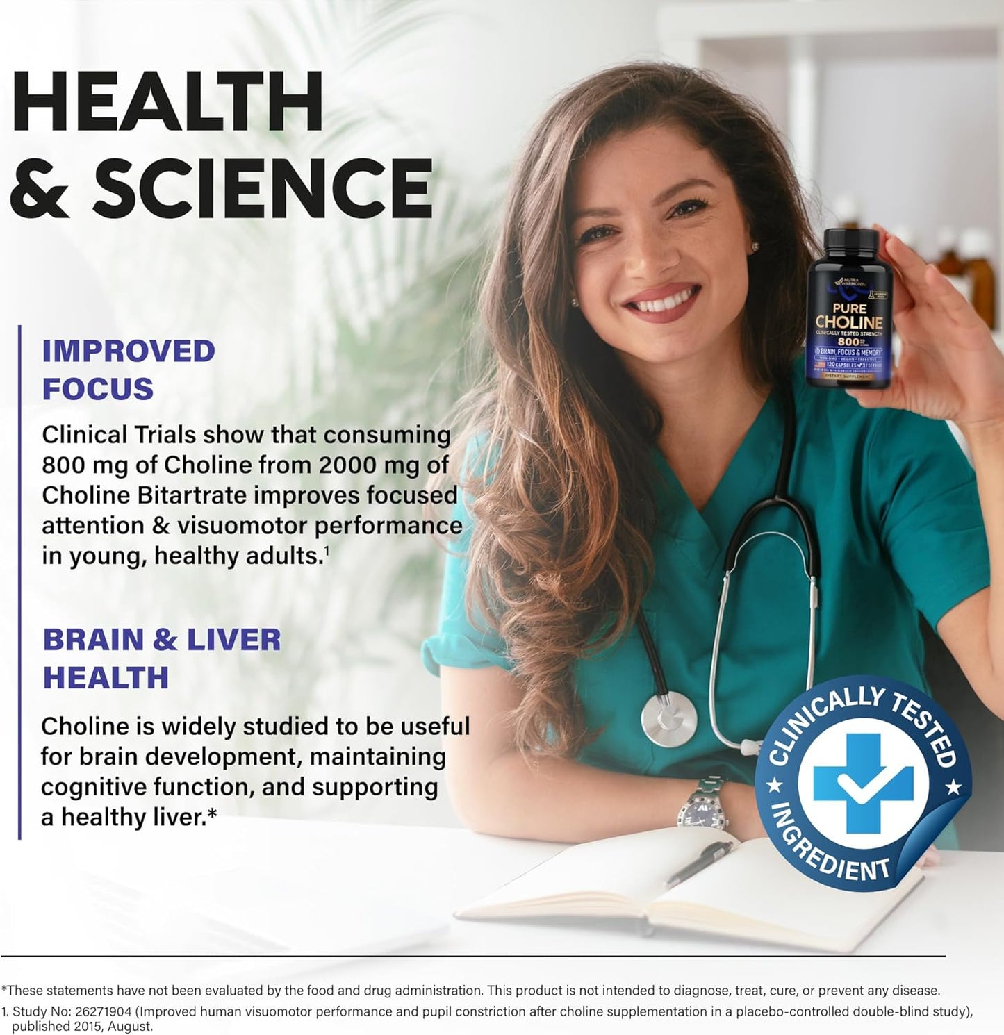 NUTRAHARMONY Choline 800 mg Capsules - Vegan Brain & Cognitive Support Supplement - Focus & Attention Formula - Non-GMO, Lab Tested - 120 Count, 40 Day Supply
