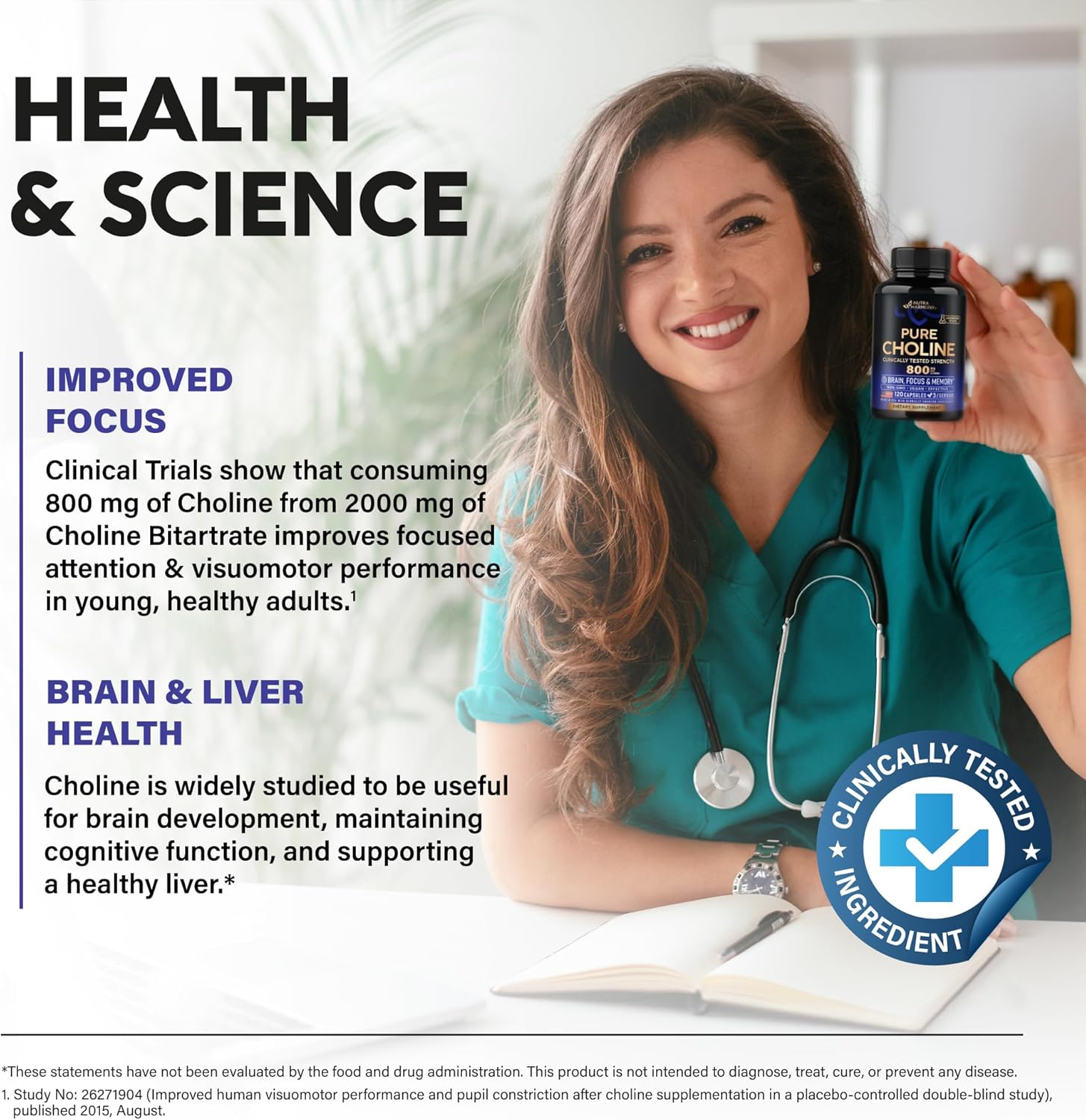 NUTRAHARMONY Choline 800 mg Capsules - Vegan Brain & Cognitive Support Supplement - Focus & Attention Formula - Non-GMO, Lab Tested - 120 Count, 40 Day Supply