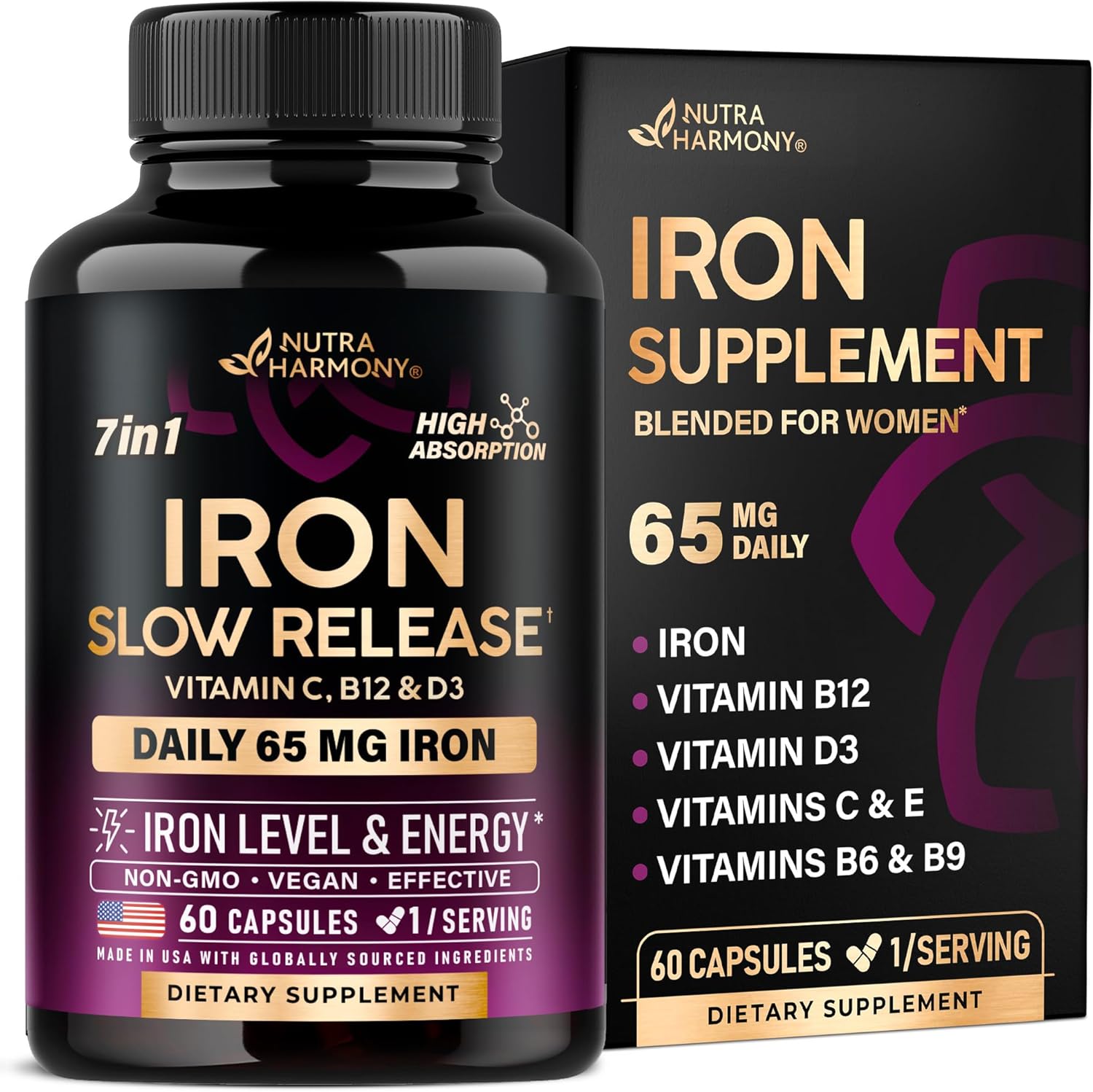 NUTRAHARMONY Iron Supplement for Women - High Absorption Iron 65mg - Stomach Friendly Slow Release Formula with Vitamins C, D3, B6, B12 & Folate - Energy Support - 60 Capsules
