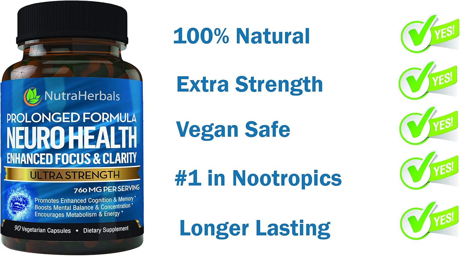 NUTRAHERBALS Brain Booster Supplement - 90 Day Supply for Mental Clarity, Memory & Focus - Formulated with DMAE, Bacopa Monnieri, Rhodiola Rosea