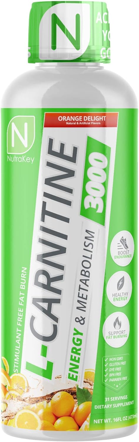NutraKey L-Carnitine 3000mg Orange Delight - Sugar-Free, Gluten-Free Energy Fuel (31 Servings)