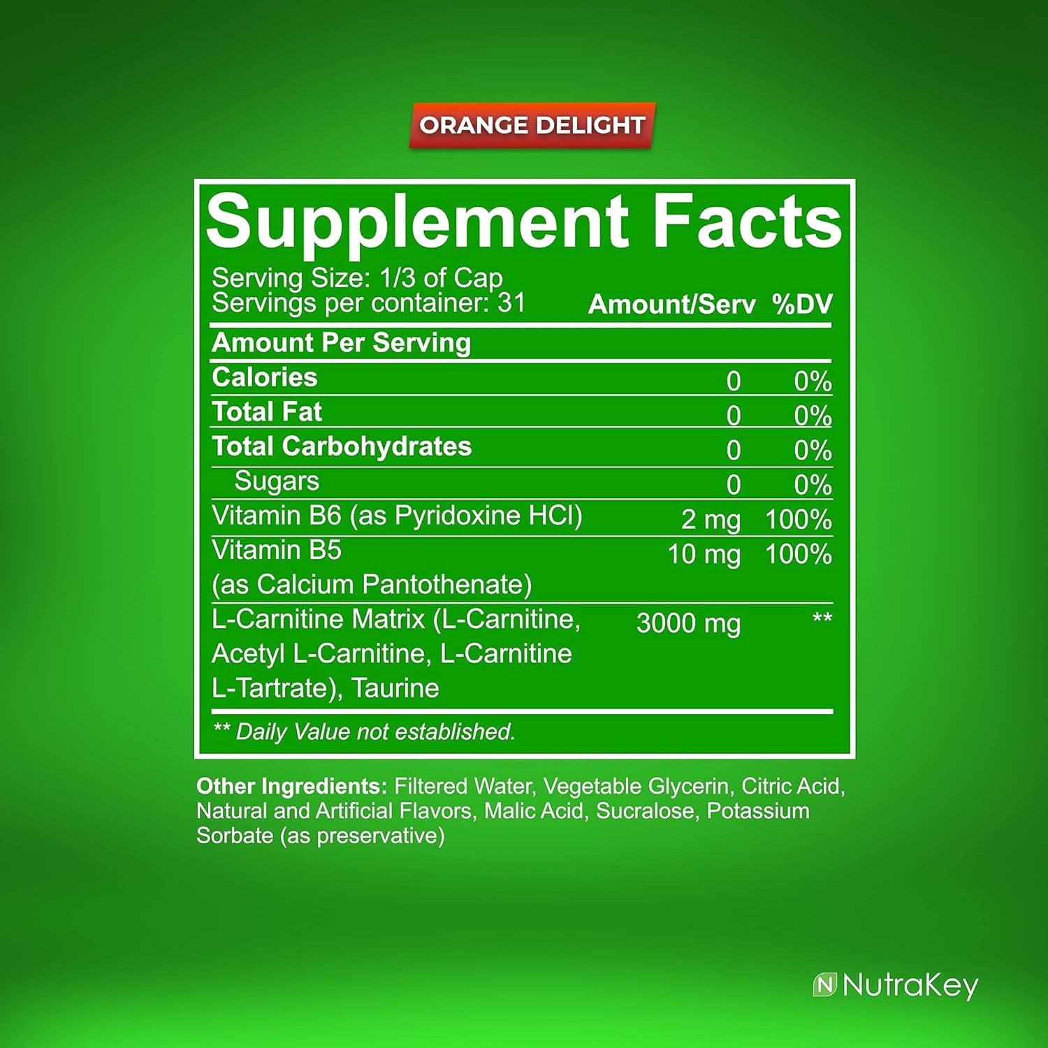 NutraKey L-Carnitine 3000mg Orange Delight - Sugar-Free, Gluten-Free Energy Fuel (31 Servings)
