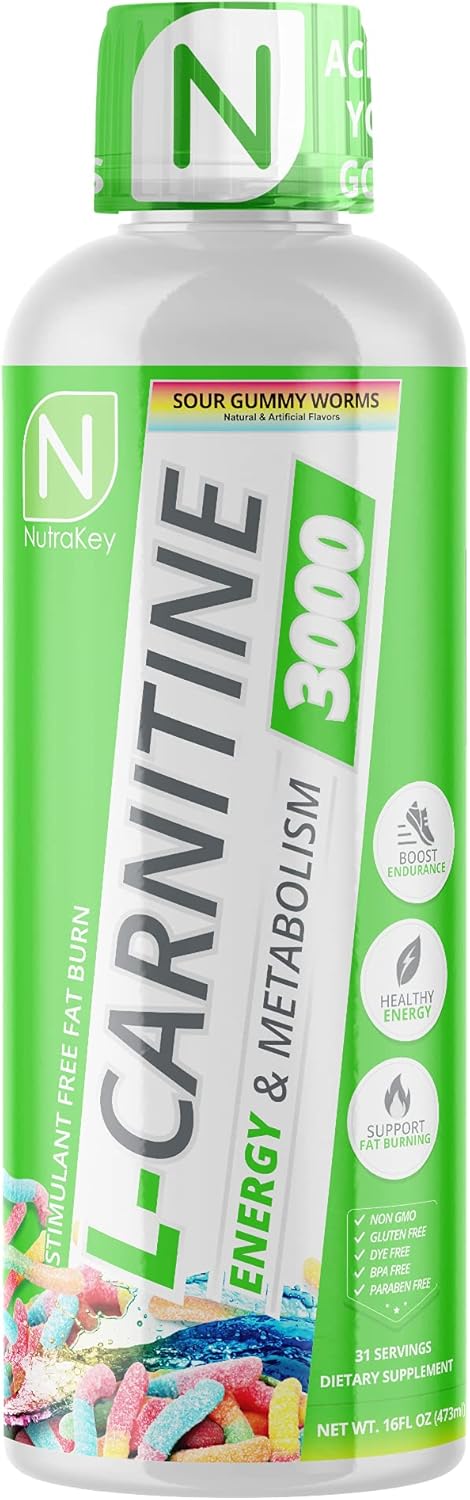 NutraKey L-Carnitine 3000mg Sour Gummy Worms - Sugar-Free Gluten-Free Energy Booster - 31 Servings