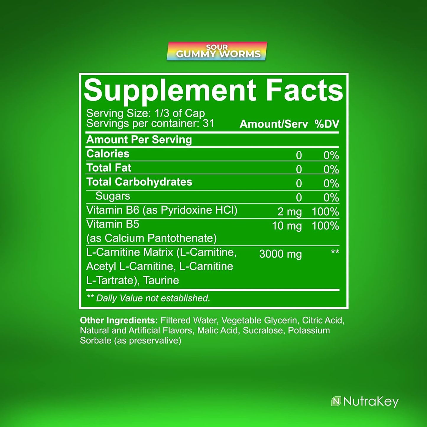 NutraKey L-Carnitine 3000mg Sour Gummy Worms - Sugar-Free Gluten-Free Energy Booster - 31 Servings