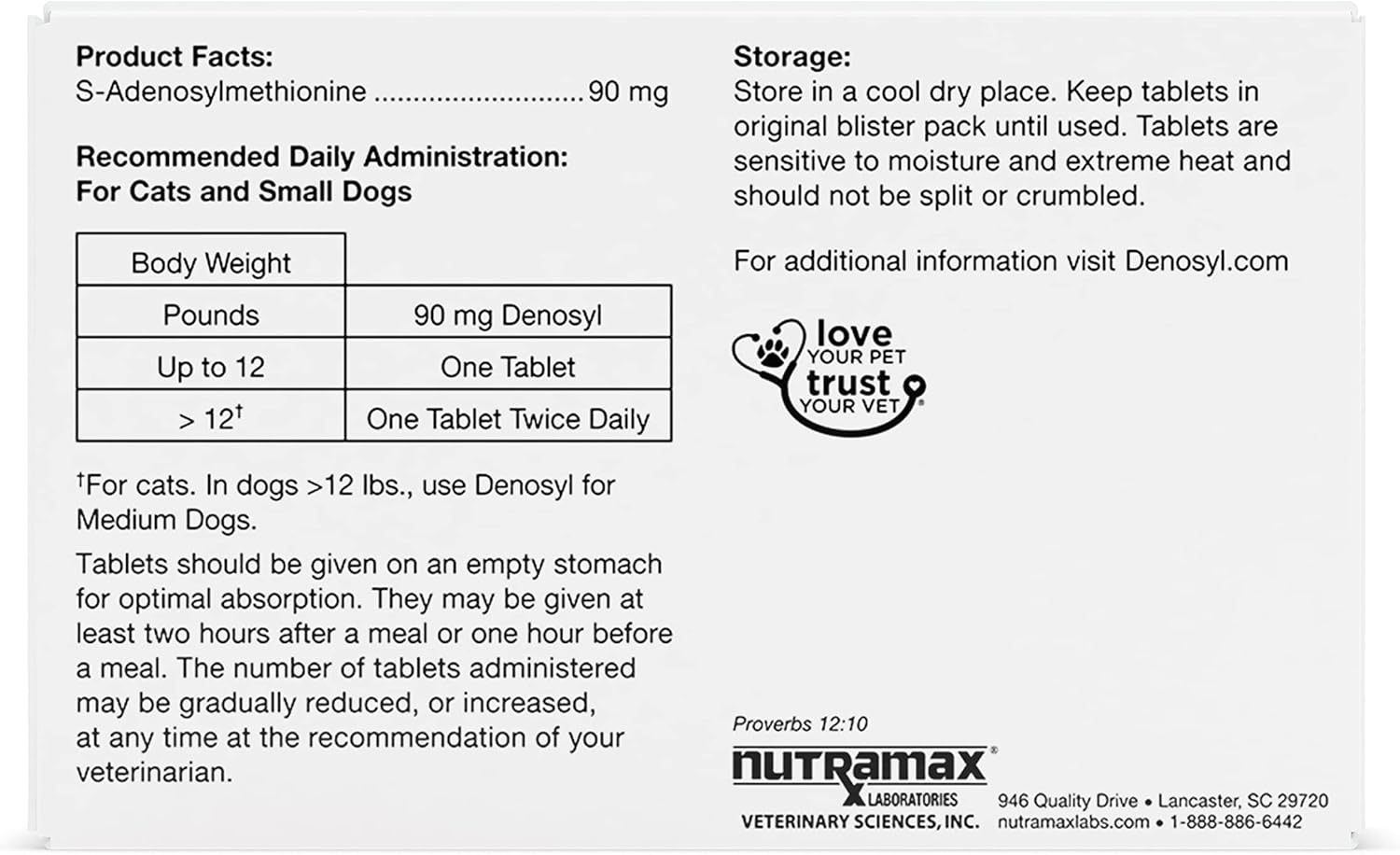 Nutramax Denosyl Liver and Brain Health Supplement for Small Dogs and Cats, 30 Tablets