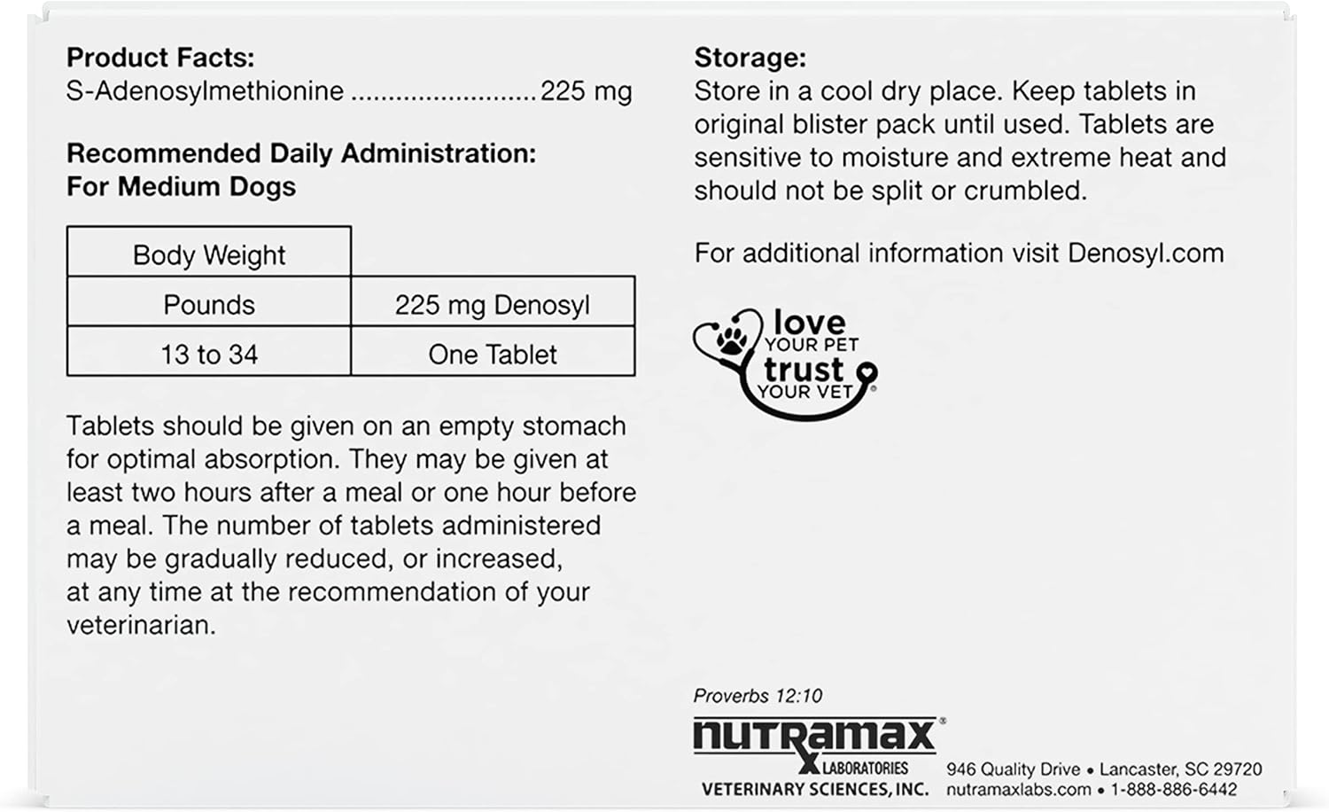 Nutramax Denosyl Liver and Brain Health Supplement for Medium Dogs - 30 Tablets, SAMe Formula