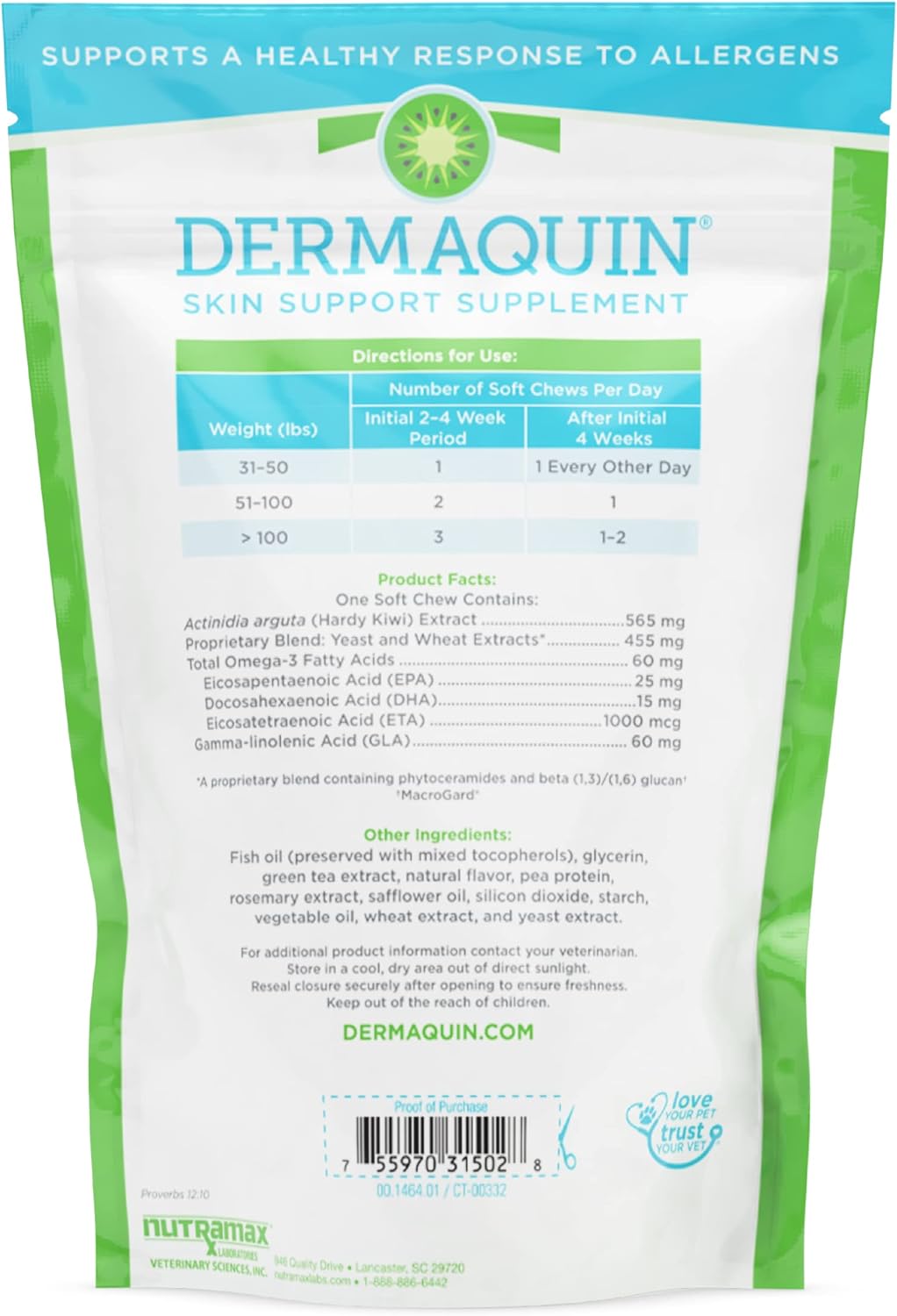 Nutramax Dermaquin Skin Support Supplement for Large Dogs 31+ lbs - 60 Soft Chews by Nutramax Labs