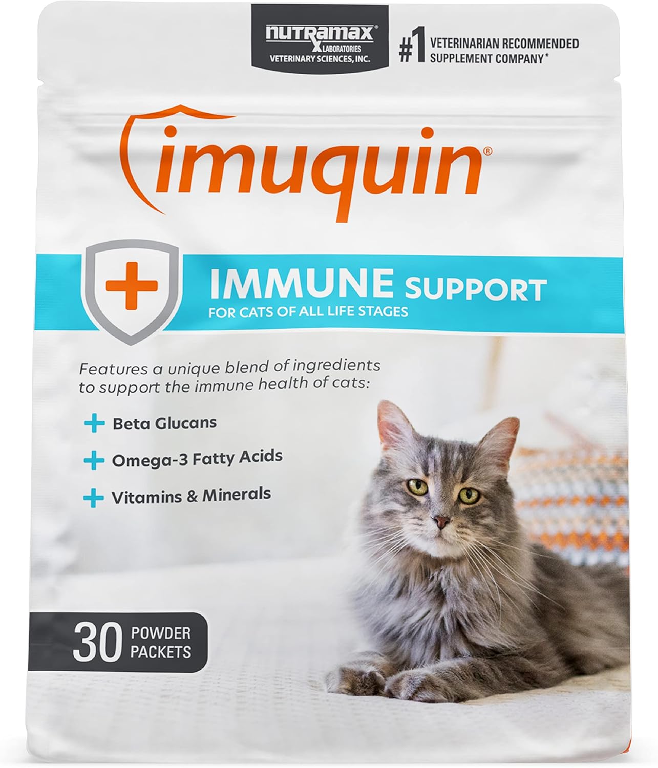 Nutramax Imuquin Immune Health Supplement Powder for Cats - 30 Packets with Beta Glucans, Marine Lipids, Vitamins & Minerals