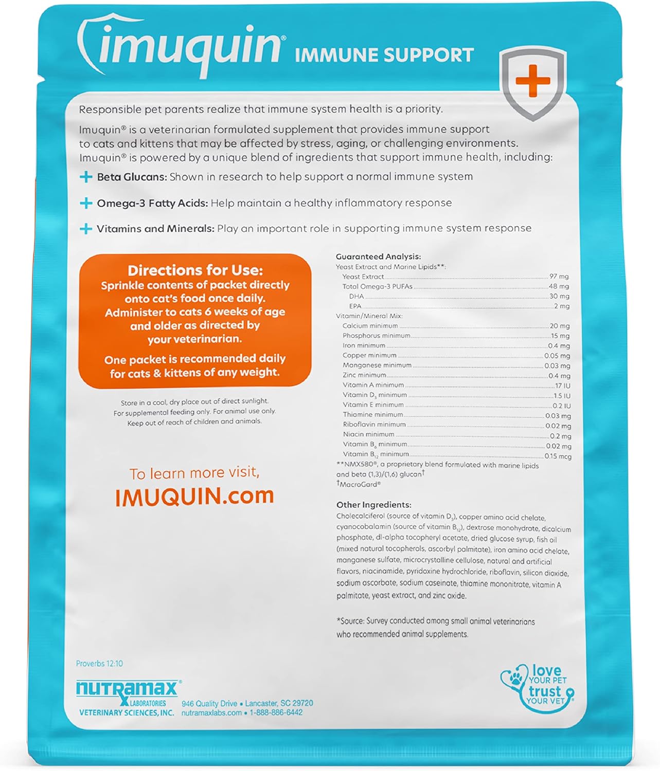 Nutramax Imuquin Immune Health Supplement Powder for Cats - 30 Packets with Beta Glucans, Marine Lipids, Vitamins & Minerals