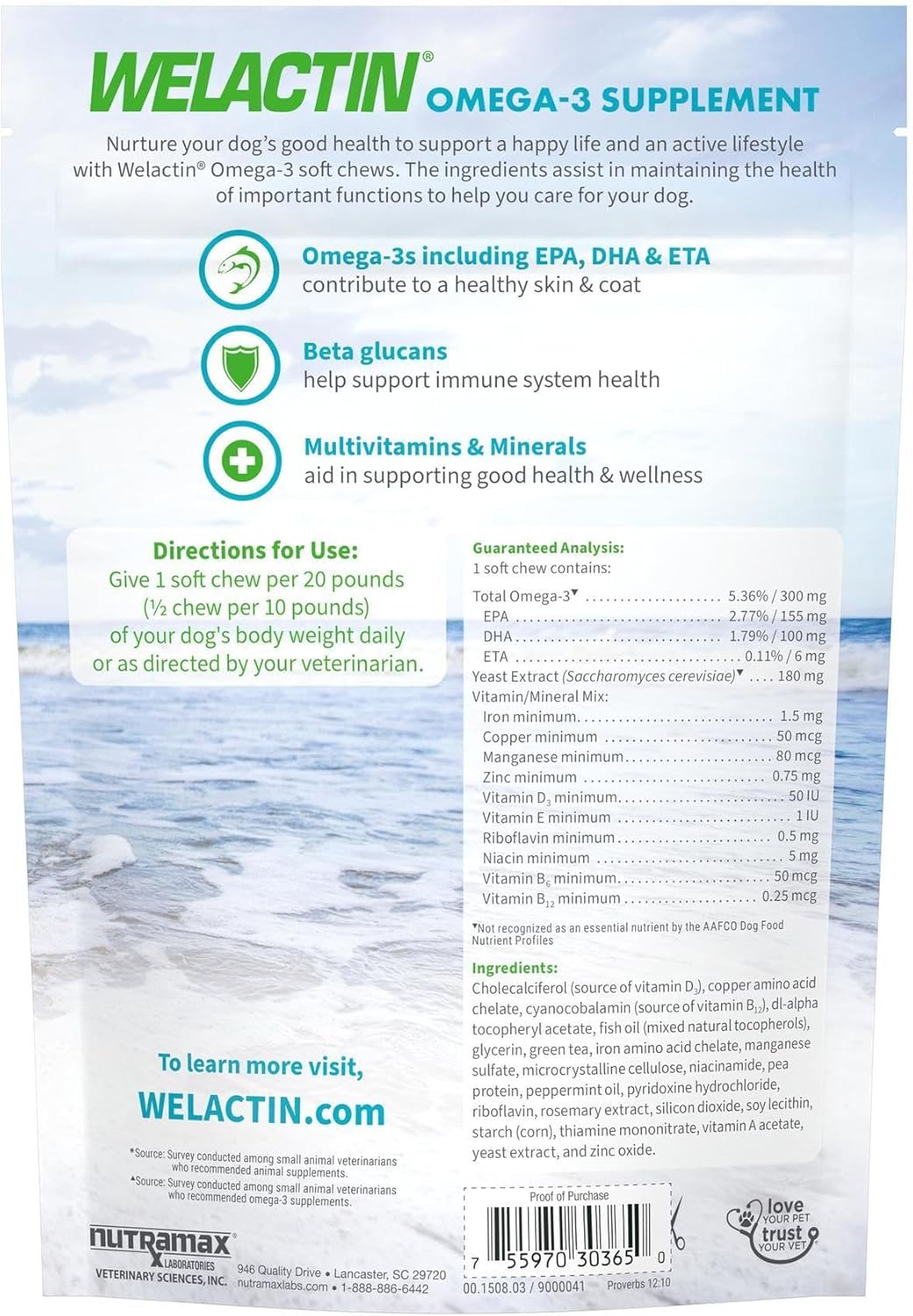 Nutramax Welactin Omega-3 Soft Chews for Dogs, Skin & Coat Health, 60ct