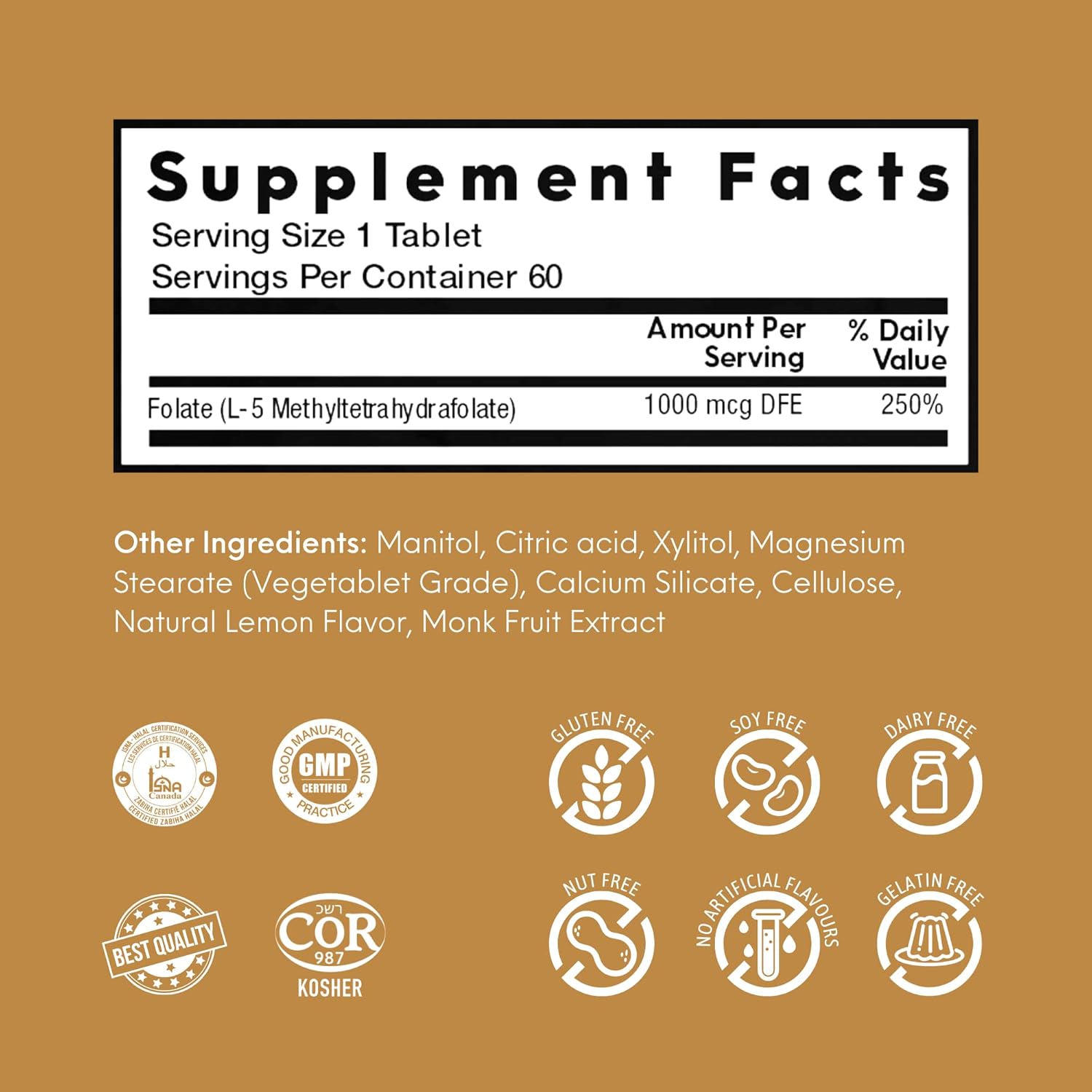 NutraMeltz L-MTHF Folate 1mg Tablets - Mood Booster, Immune Support, Heart Health - Quick Dissolve Lemon Flavor - 60 Count