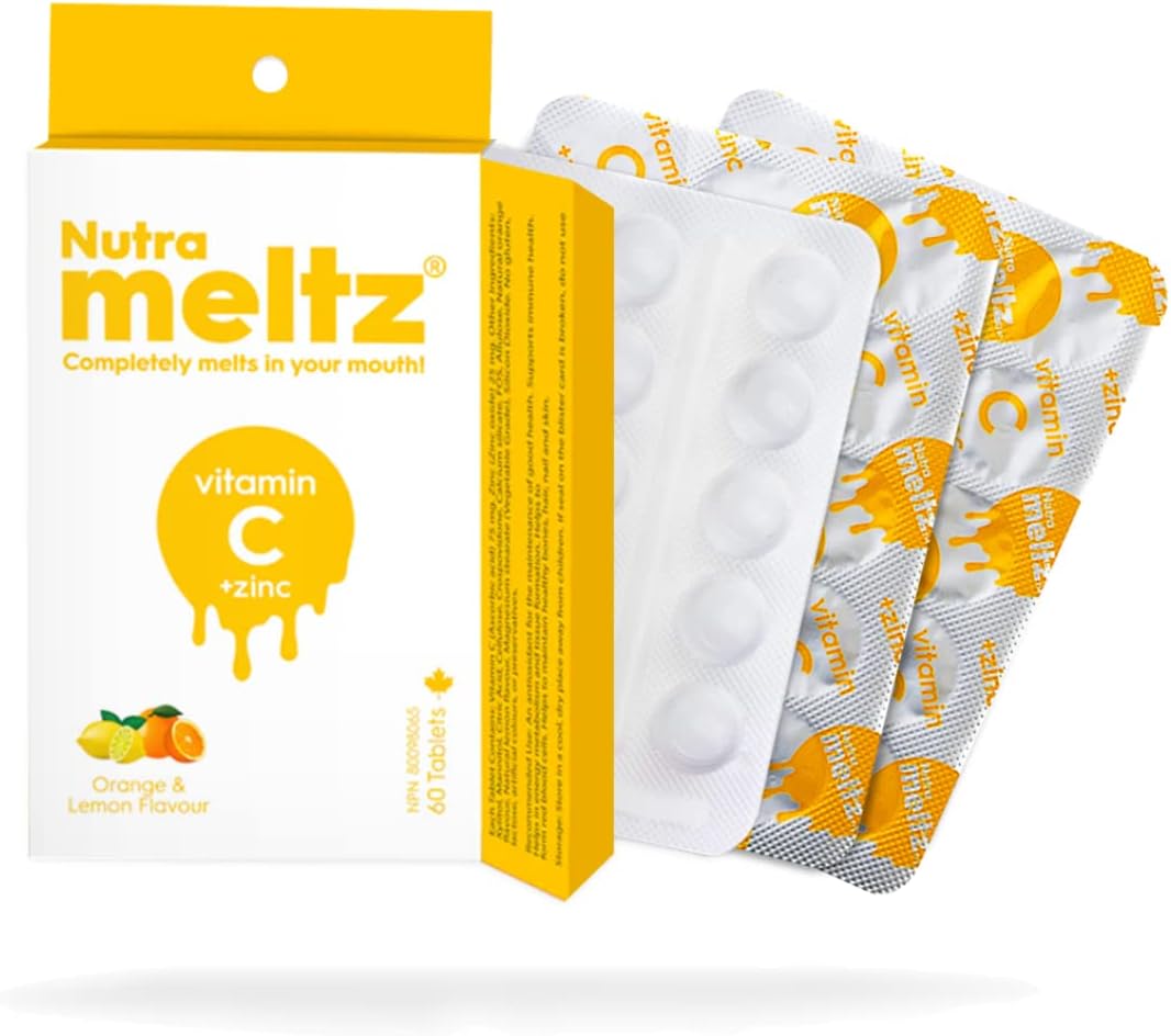 NutraMeltz Vitamin C and Zinc Tablets - Immunity Support & Hair Growth - Lemon & Orange Flavor - 60 Quick Dissolving Tablets