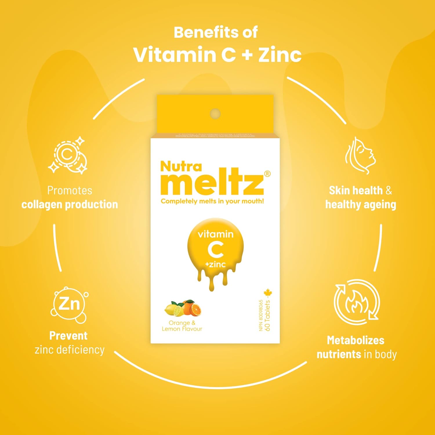 NutraMeltz Vitamin C and Zinc Tablets - Immunity Support & Hair Growth - Lemon & Orange Flavor - 60 Quick Dissolving Tablets