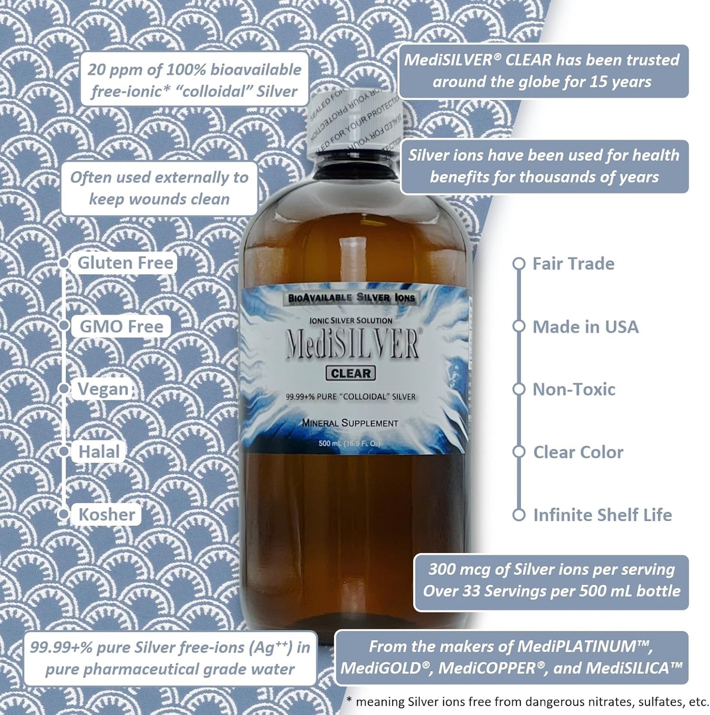 Nutraneering MediSILVER Clear True Free Ionic Colloidal Silver Supplement - 500 mL in Amber BPA-Free Bottle