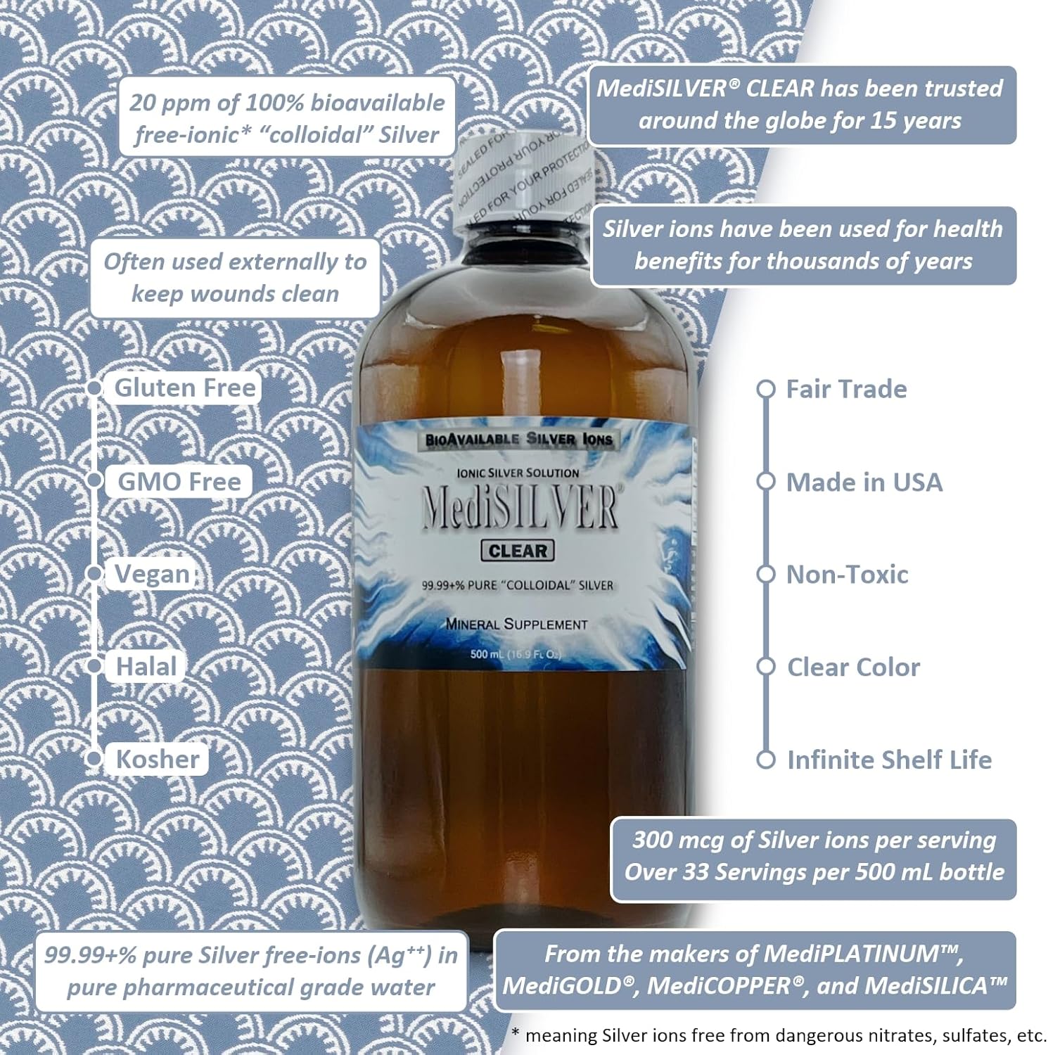 Nutraneering MediSILVER Clear True Free Ionic Colloidal Silver Supplement - 500 mL in Amber BPA-Free Bottle