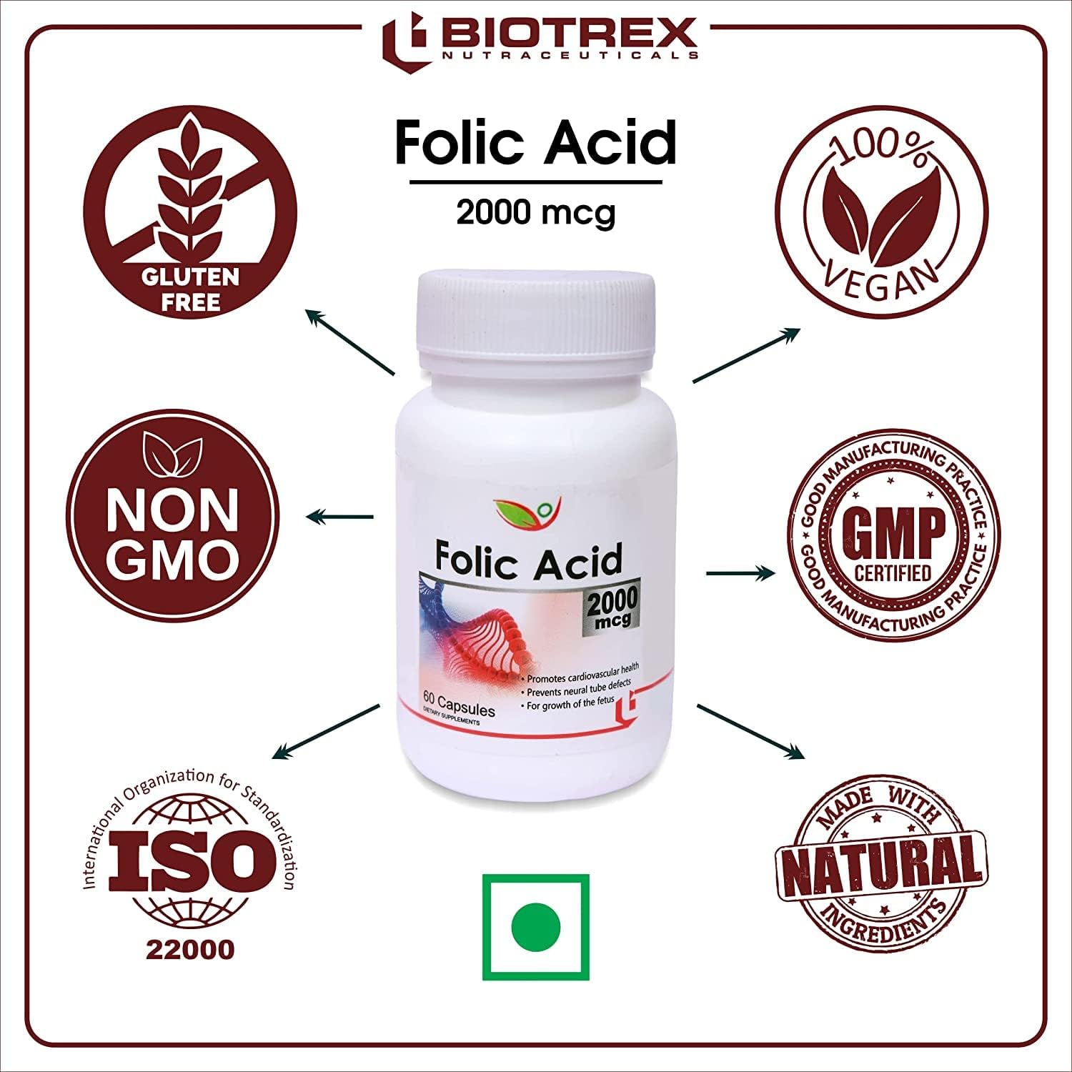 Nutranix VNZ Folic Acid 2000mcg Capsules - 120 Count (2 Pack)