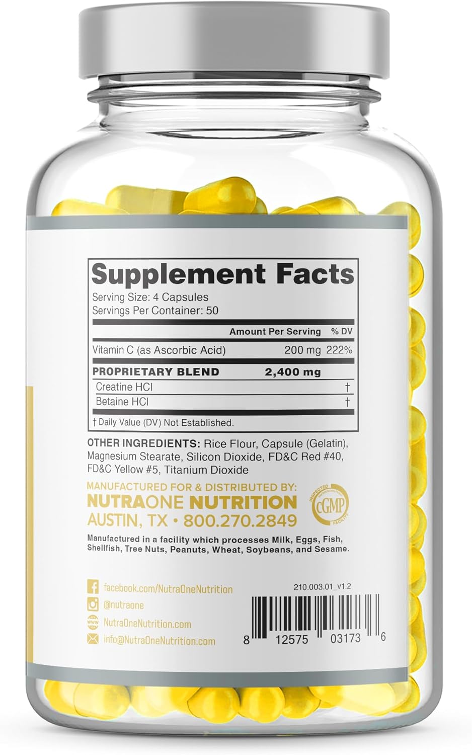NutraOne CNSix Creatine HCL Capsules for Lean Muscle Building - 600mg (200 Capsules)