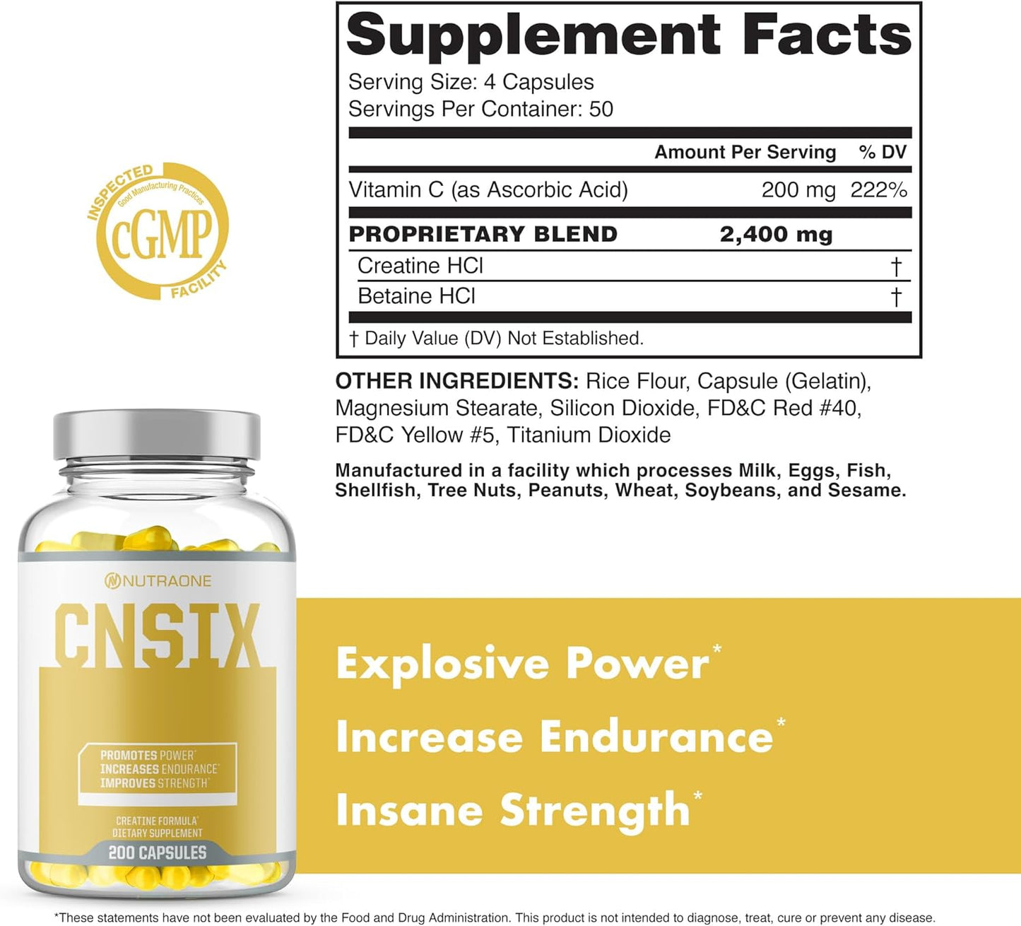 NutraOne CNSix Creatine HCL Capsules for Lean Muscle Building - 600mg (200 Capsules)