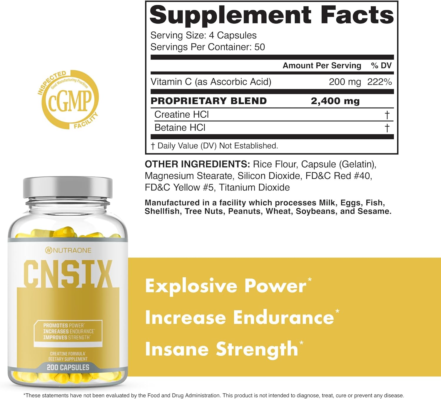 NutraOne CNSix Creatine HCL Capsules for Lean Muscle Building - 600mg (200 Capsules)