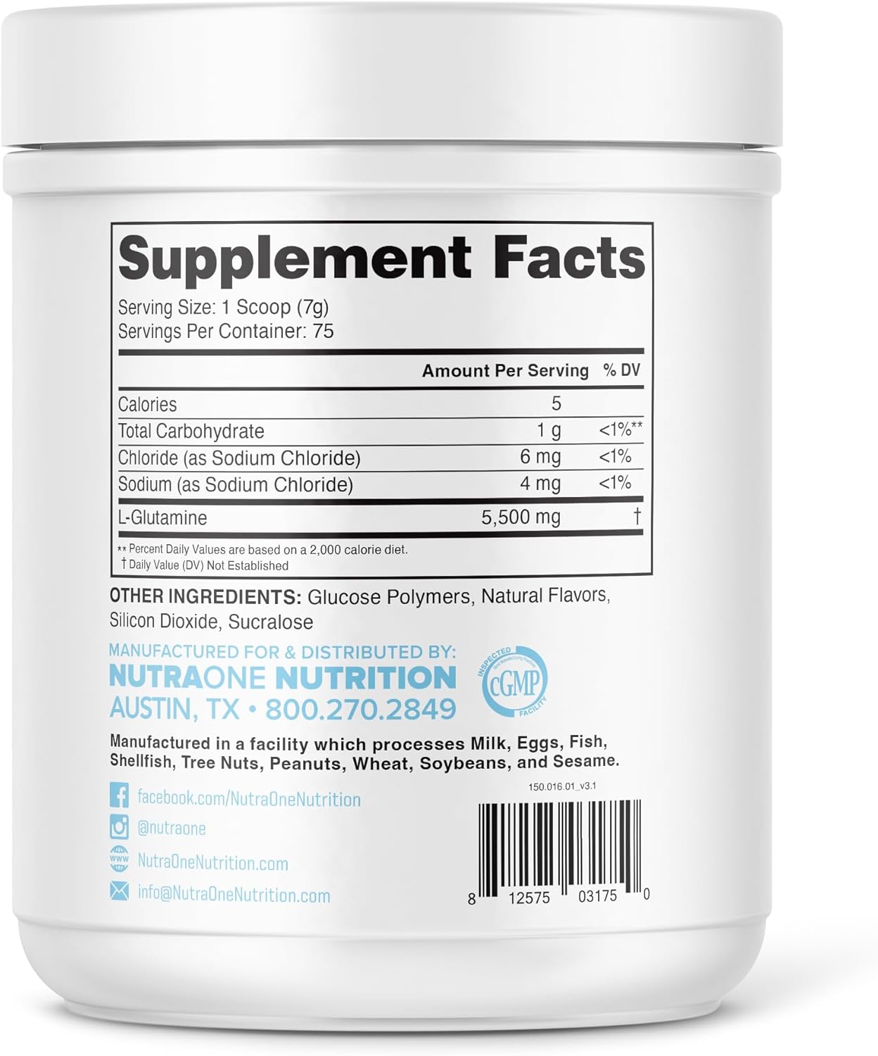 NutraOne GlutaOne L-Glutamine Powder - Ultimate Post-Workout Recovery (75 Servings)