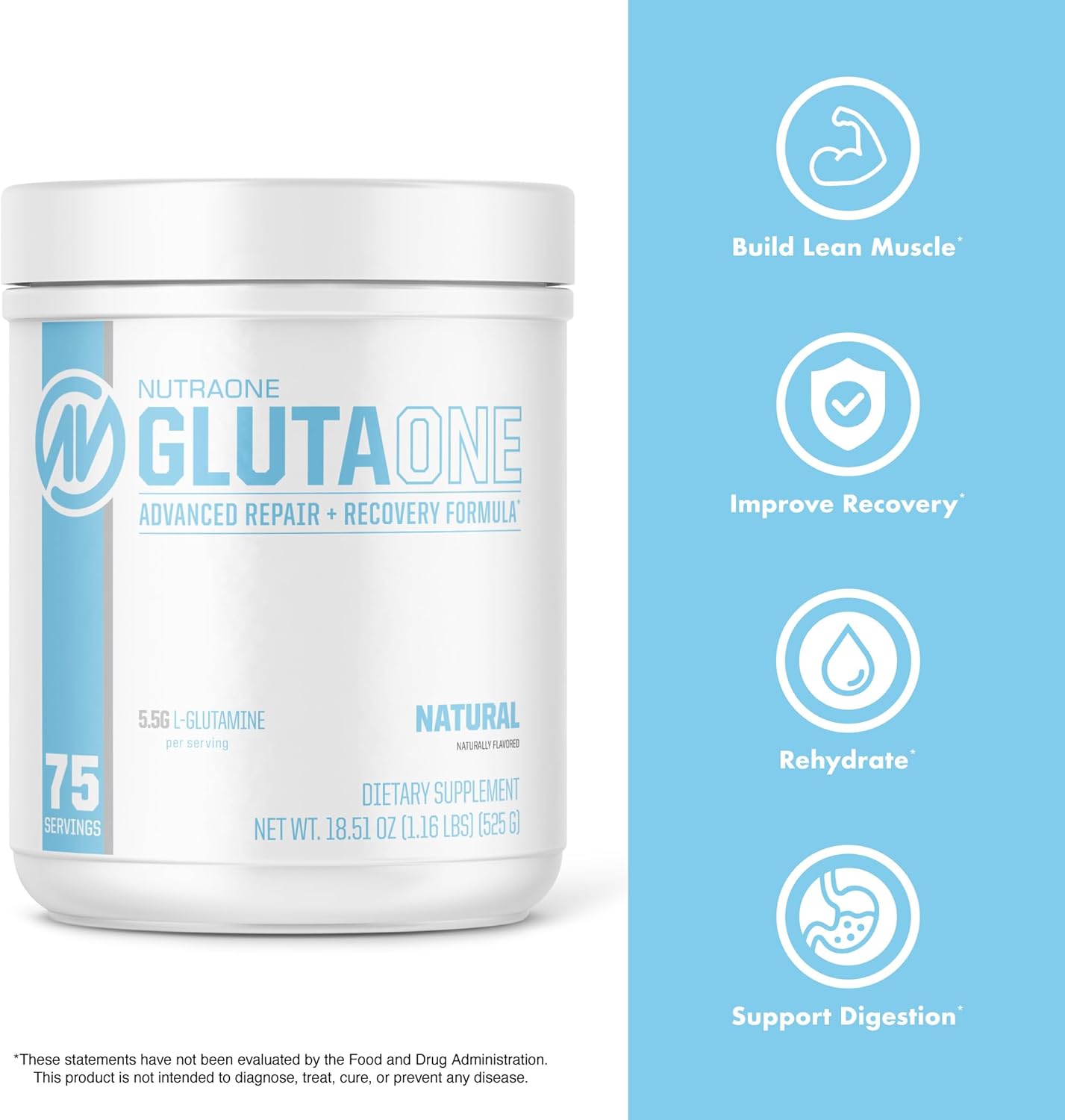 NutraOne GlutaOne L-Glutamine Powder - Ultimate Post-Workout Recovery (75 Servings)
