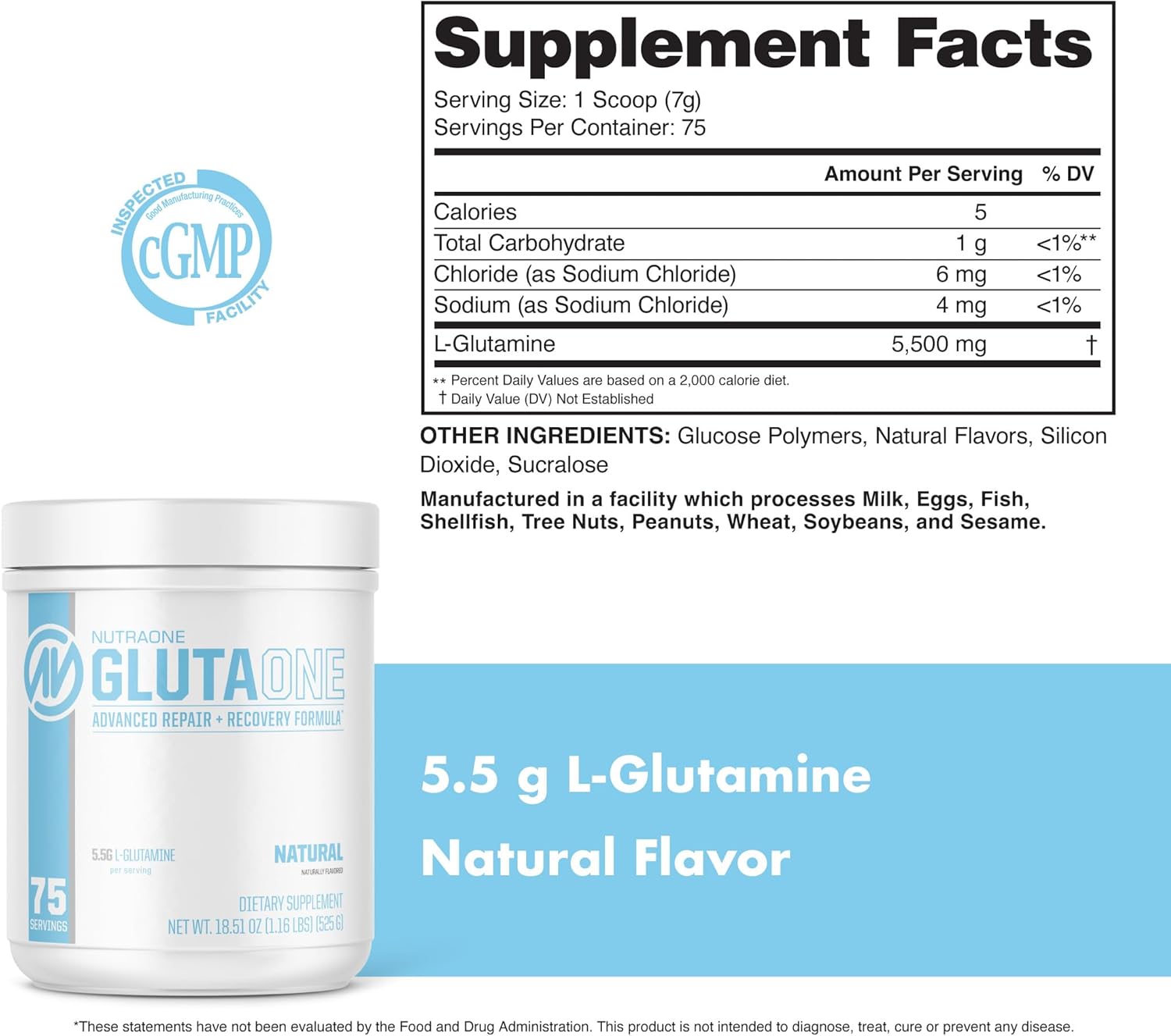 NutraOne GlutaOne L-Glutamine Powder - Ultimate Post-Workout Recovery (75 Servings)