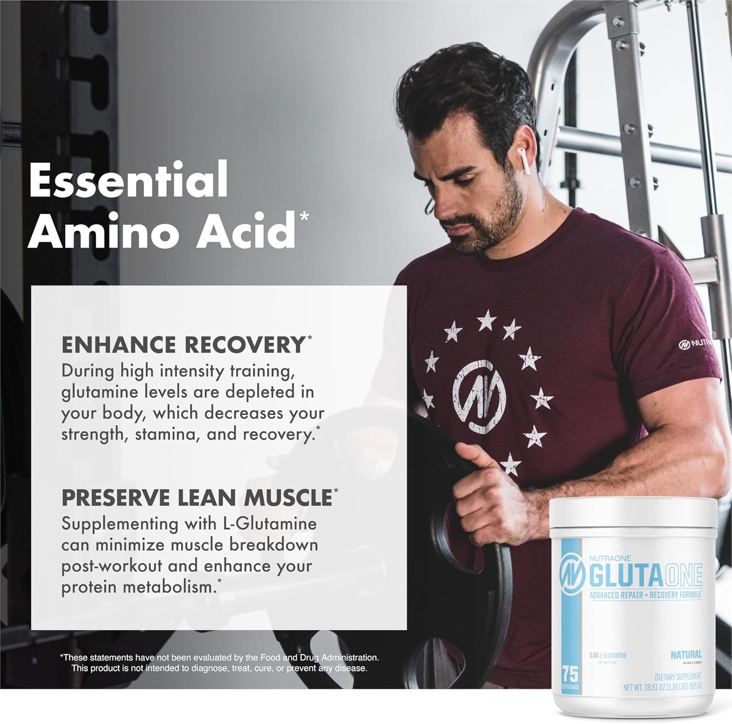 NutraOne GlutaOne L-Glutamine Powder - Ultimate Post-Workout Recovery (75 Servings)