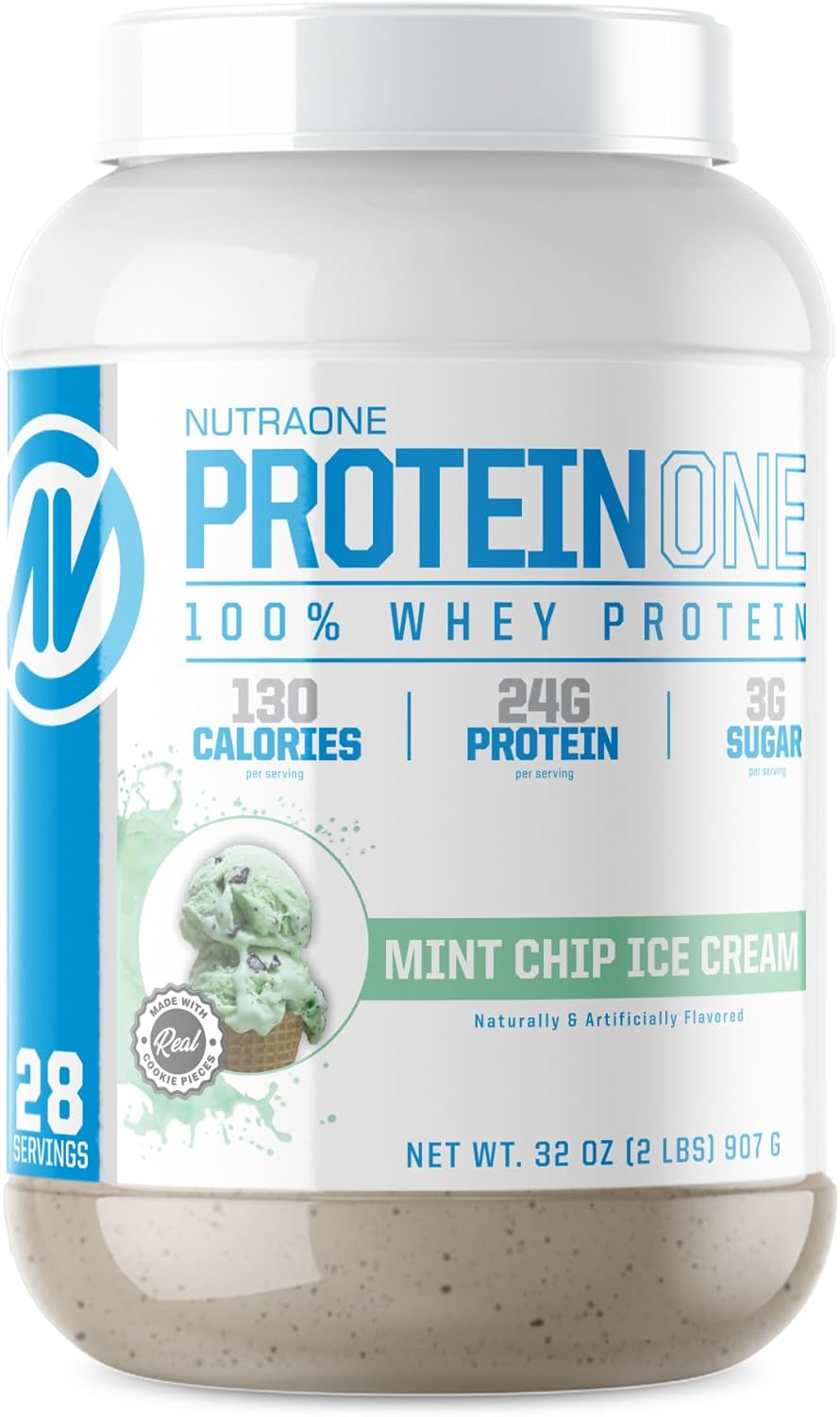 NutraOne ProteinOne Whey Protein Shake Powder for Muscle Recovery & Growth (Mint Chip Ice Cream, 2 LB)