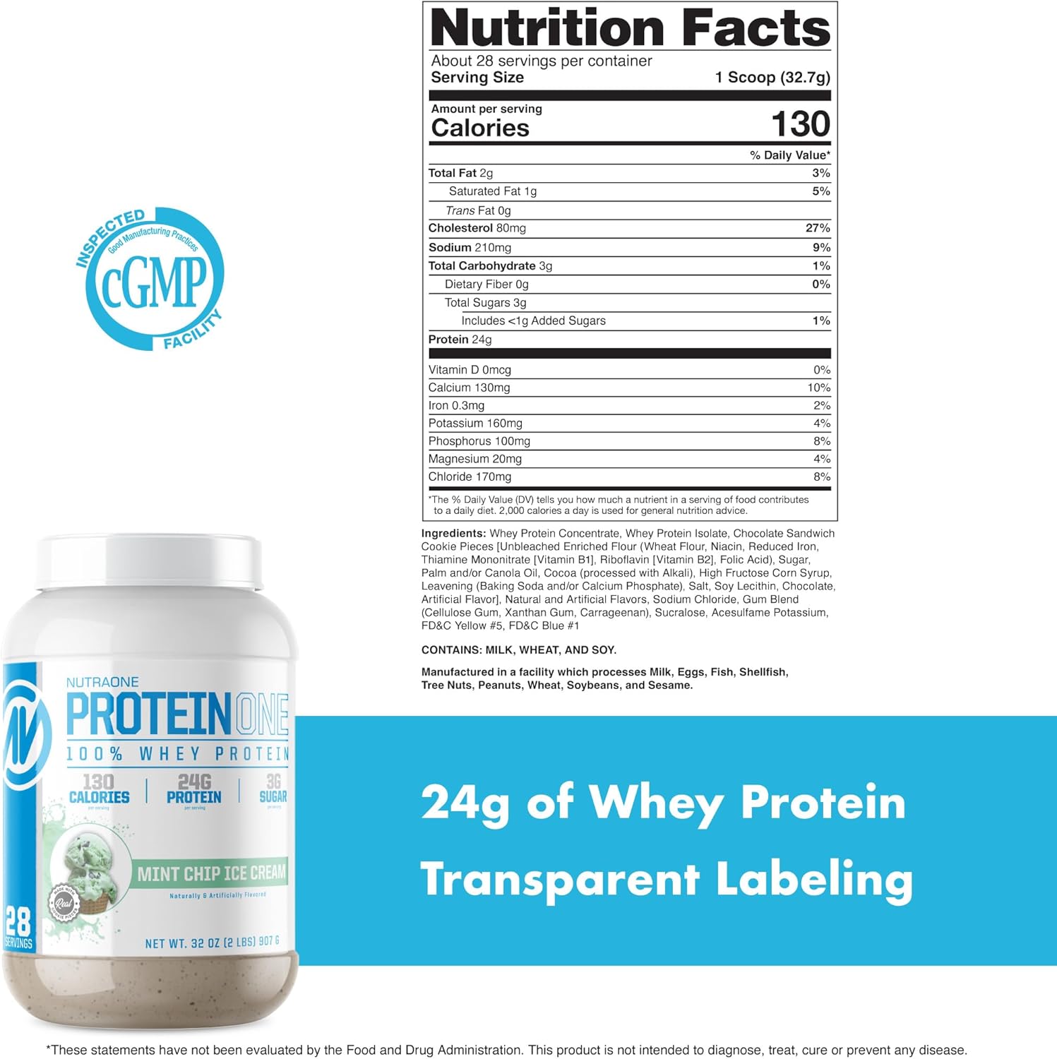 NutraOne ProteinOne Whey Protein Shake Powder for Muscle Recovery & Growth (Mint Chip Ice Cream, 2 LB)