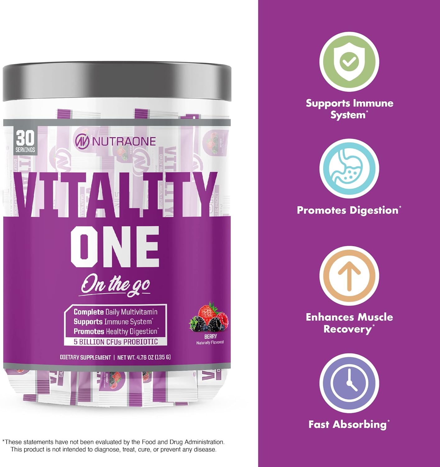 NutraOne VitalityOne On The Go Multivitamin with Probiotics and Enzymes - Orange Cream Flavor - 30 Servings