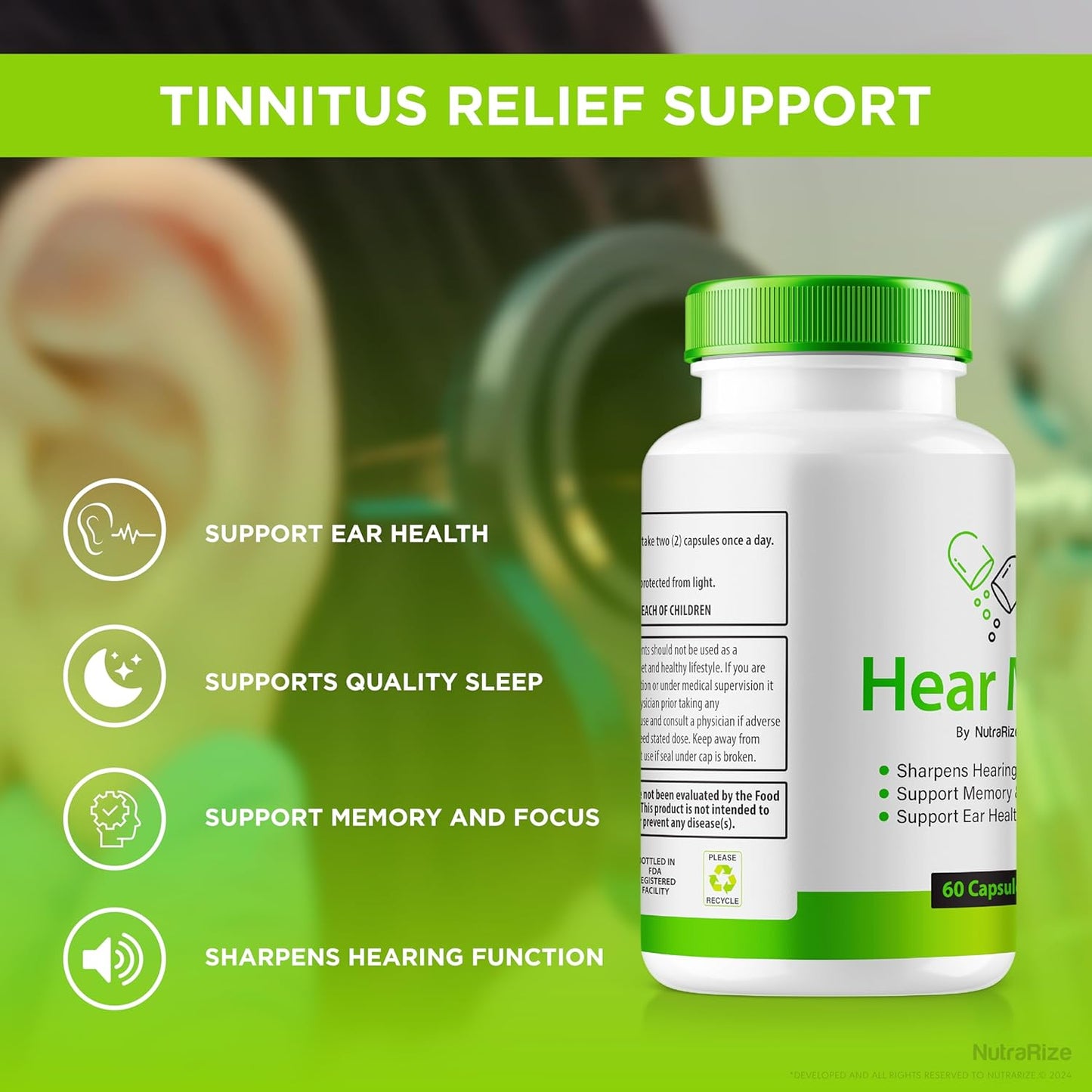 NutraRize Hear Me+ Capsules (2 Pack) for Healthy Hearing - Natural Ear Support Formula - Premium Ear Health Supplement with 120 Capsules