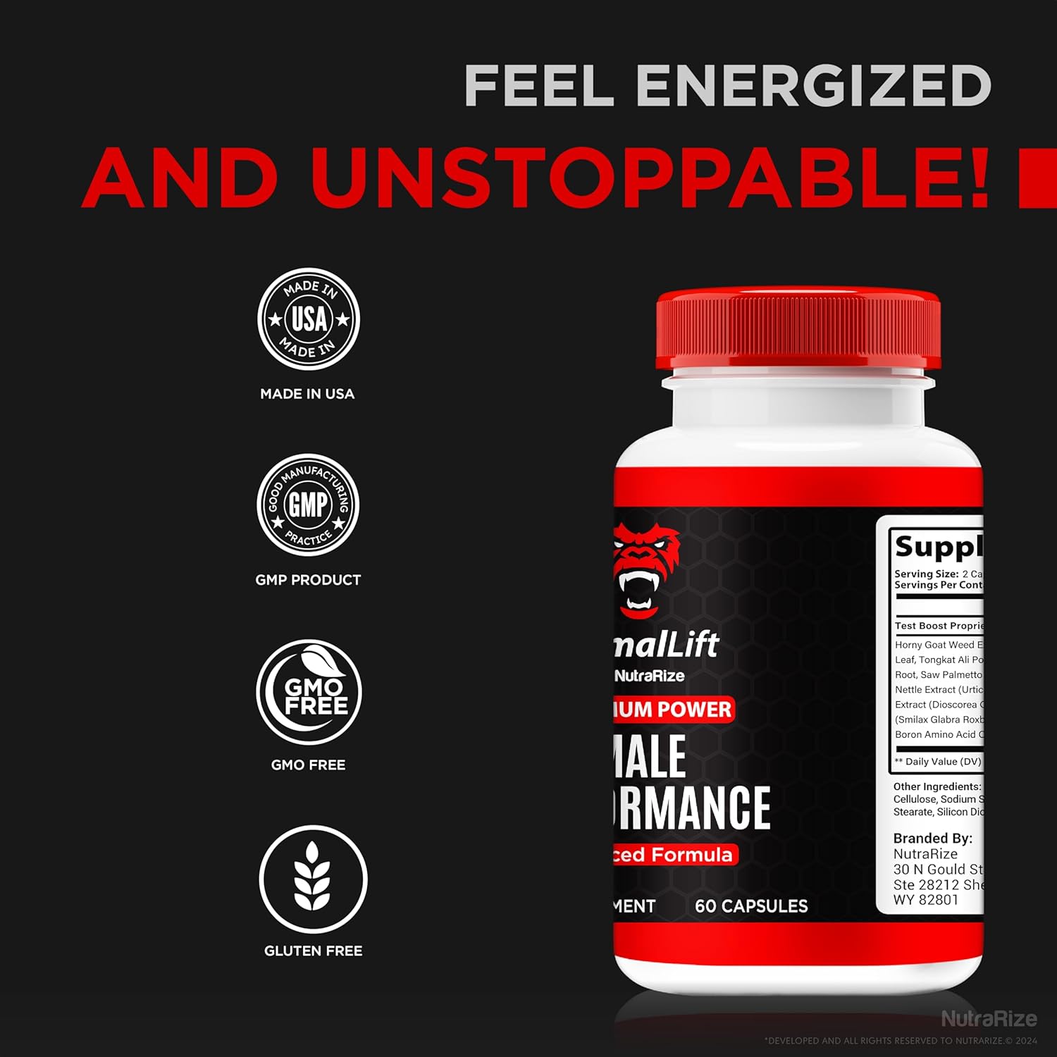 NutraRize PrimalLift Pills for Men - All Natural Male Performance Support (60 Capsules)